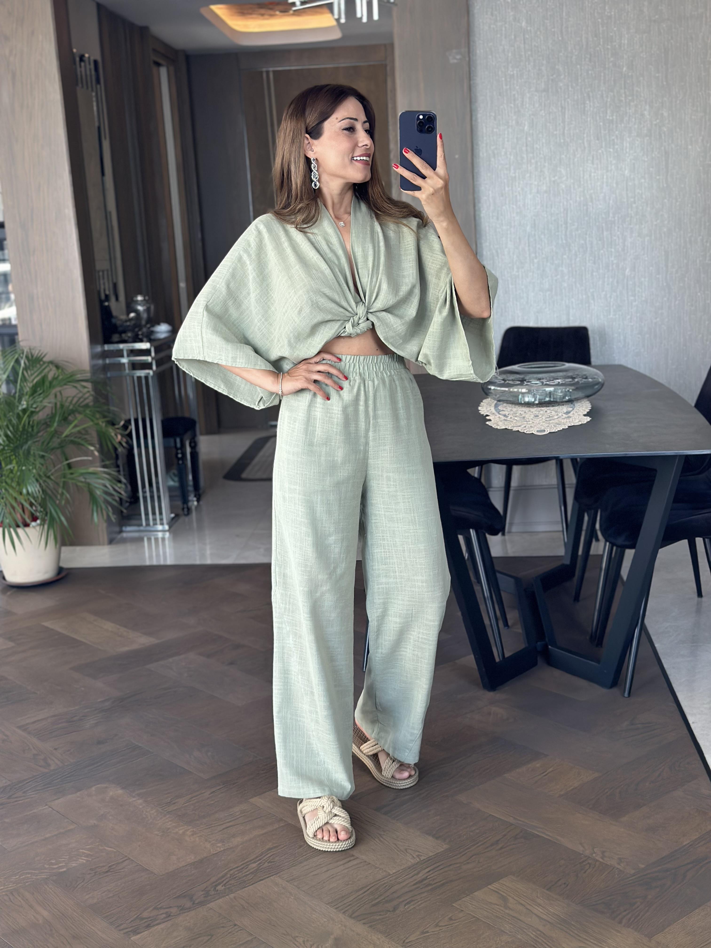 Çağla Belden Bağlamalı Bluz Pantolon Keten Kadın İkili Takım