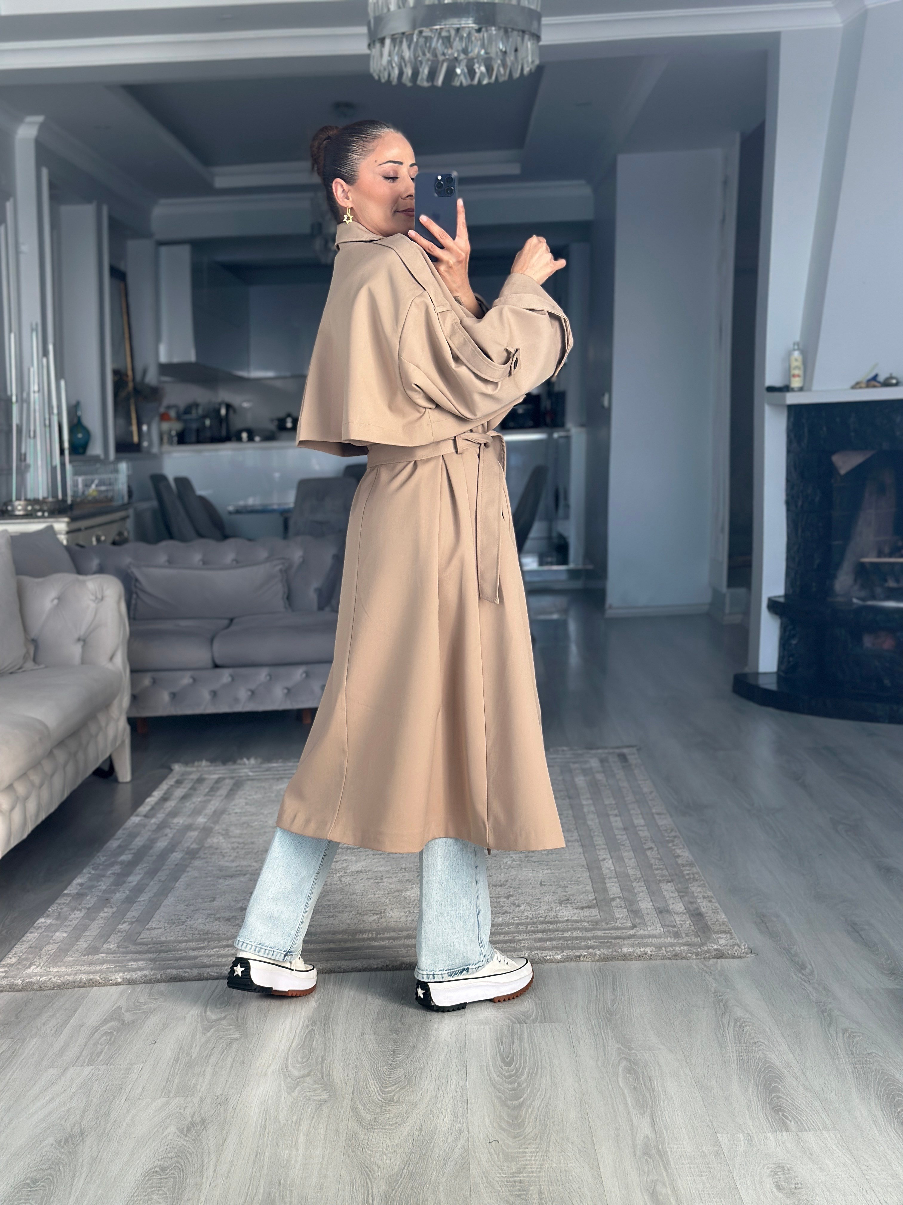Camel Allerli Oversize Kuşaklı Uzun Kadın Trençkot