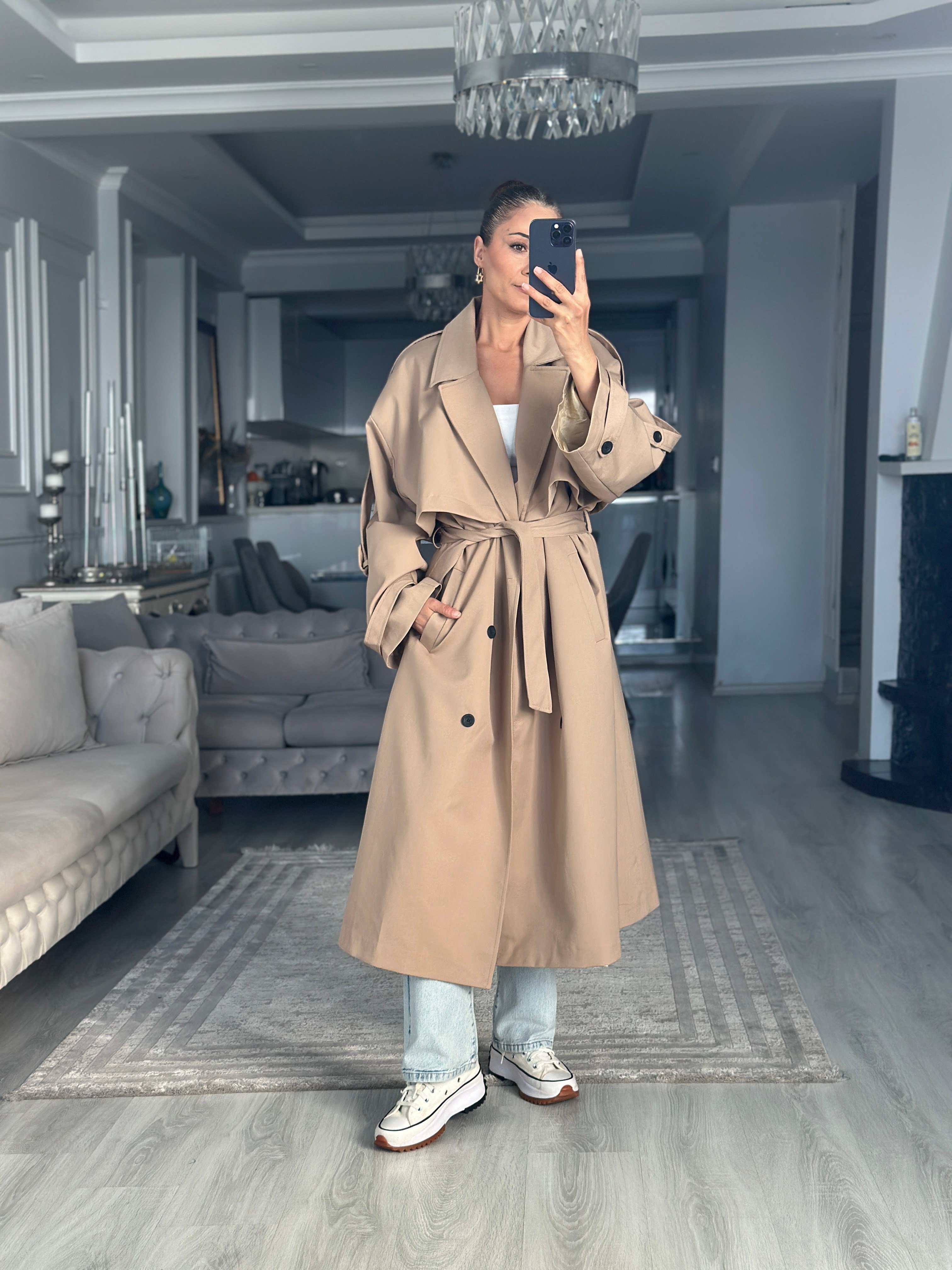 Camel Allerli Oversize Kuşaklı Uzun Kadın Trençkot