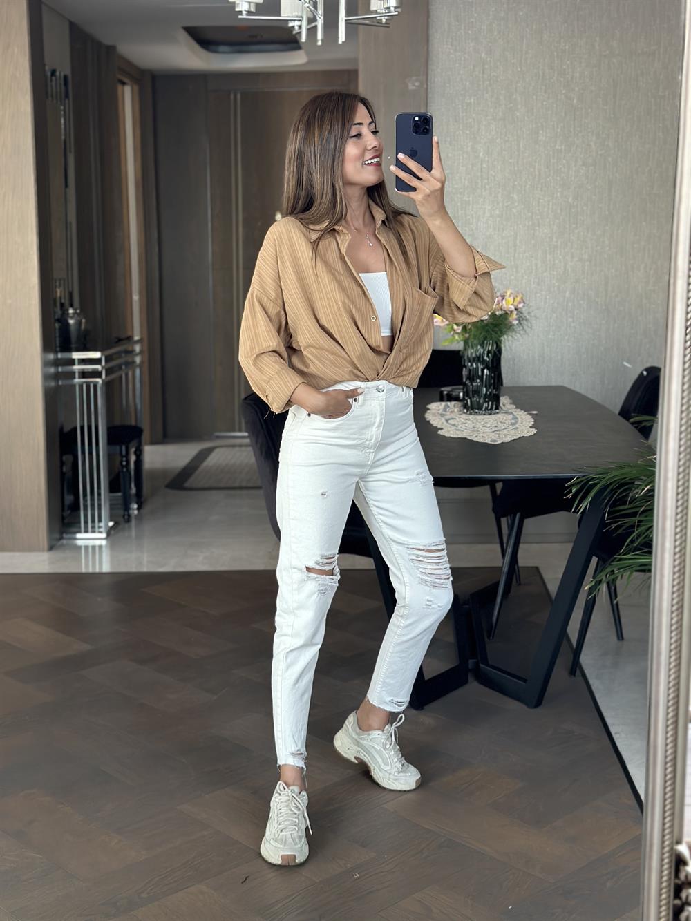 Camel Asimetrik Tek Cepli Dokulu Kadın Gömlek