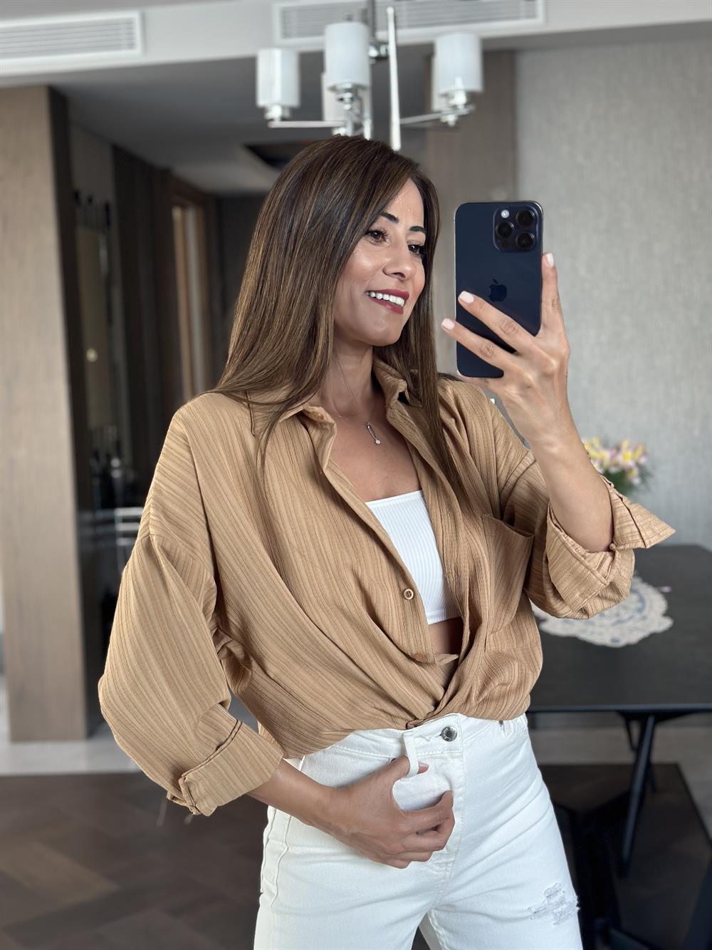 Camel Asimetrik Tek Cepli Dokulu Kadın Gömlek