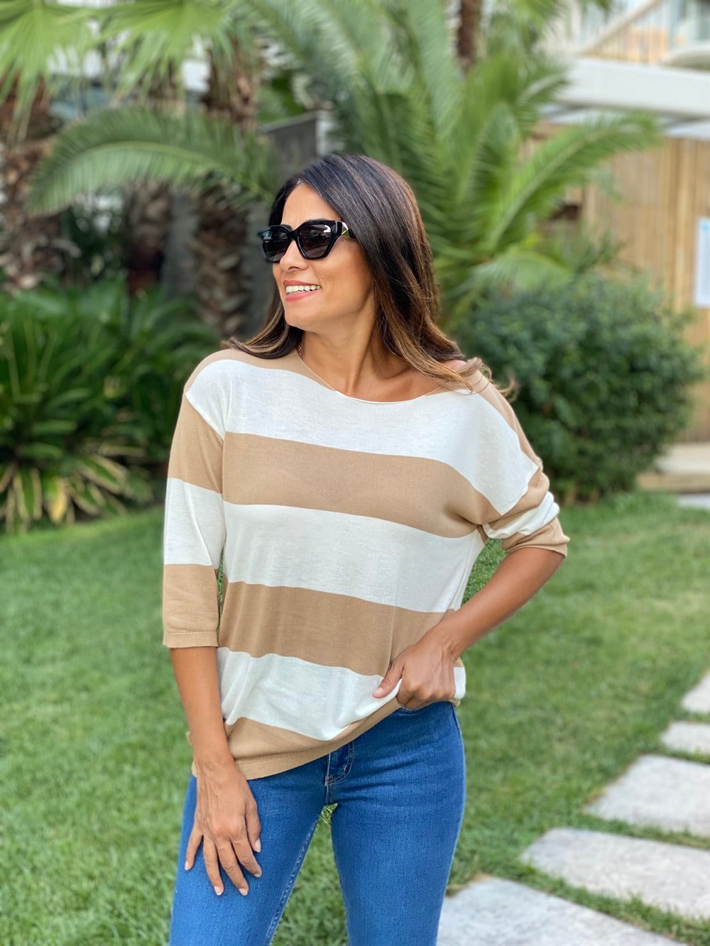 Camel Beyaz Kalın Çizgili Merserize Kadın Bluz