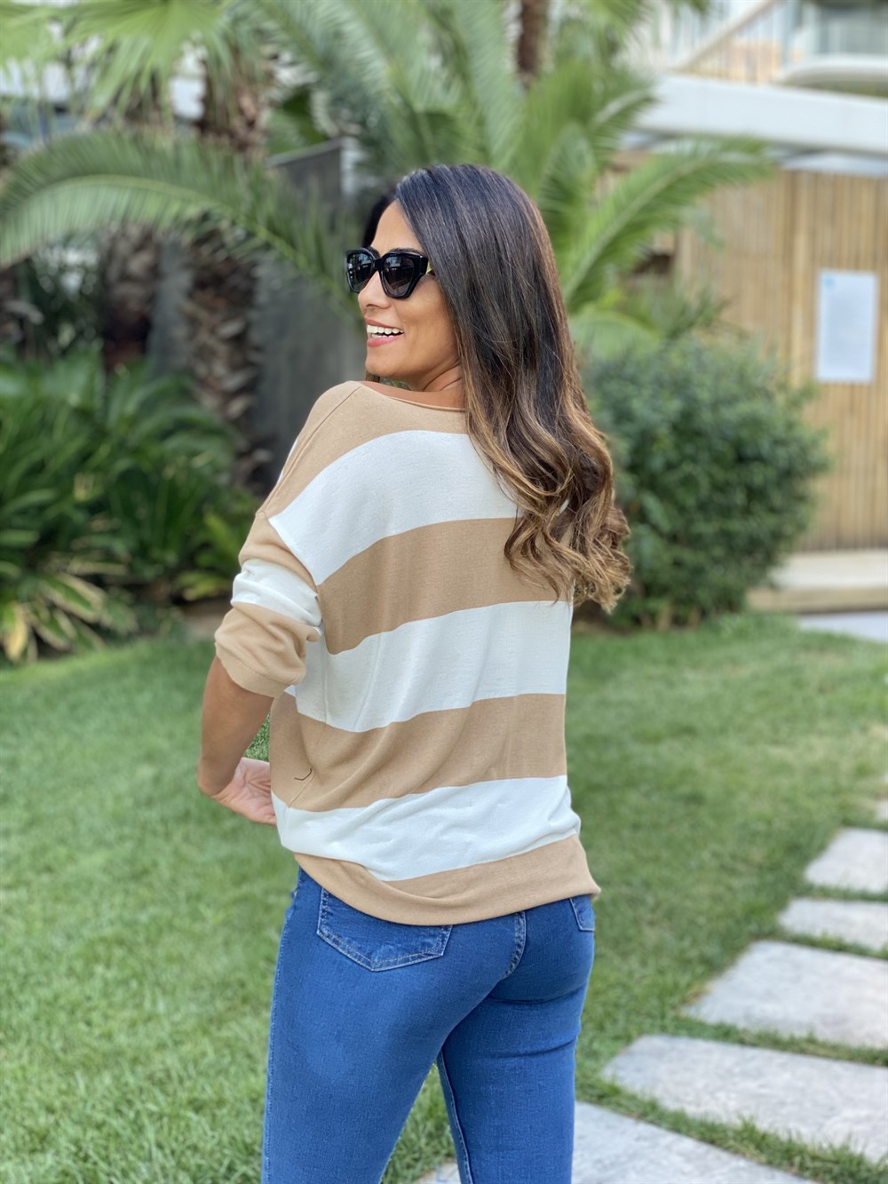 Camel Beyaz Kalın Çizgili Merserize Kadın Bluz