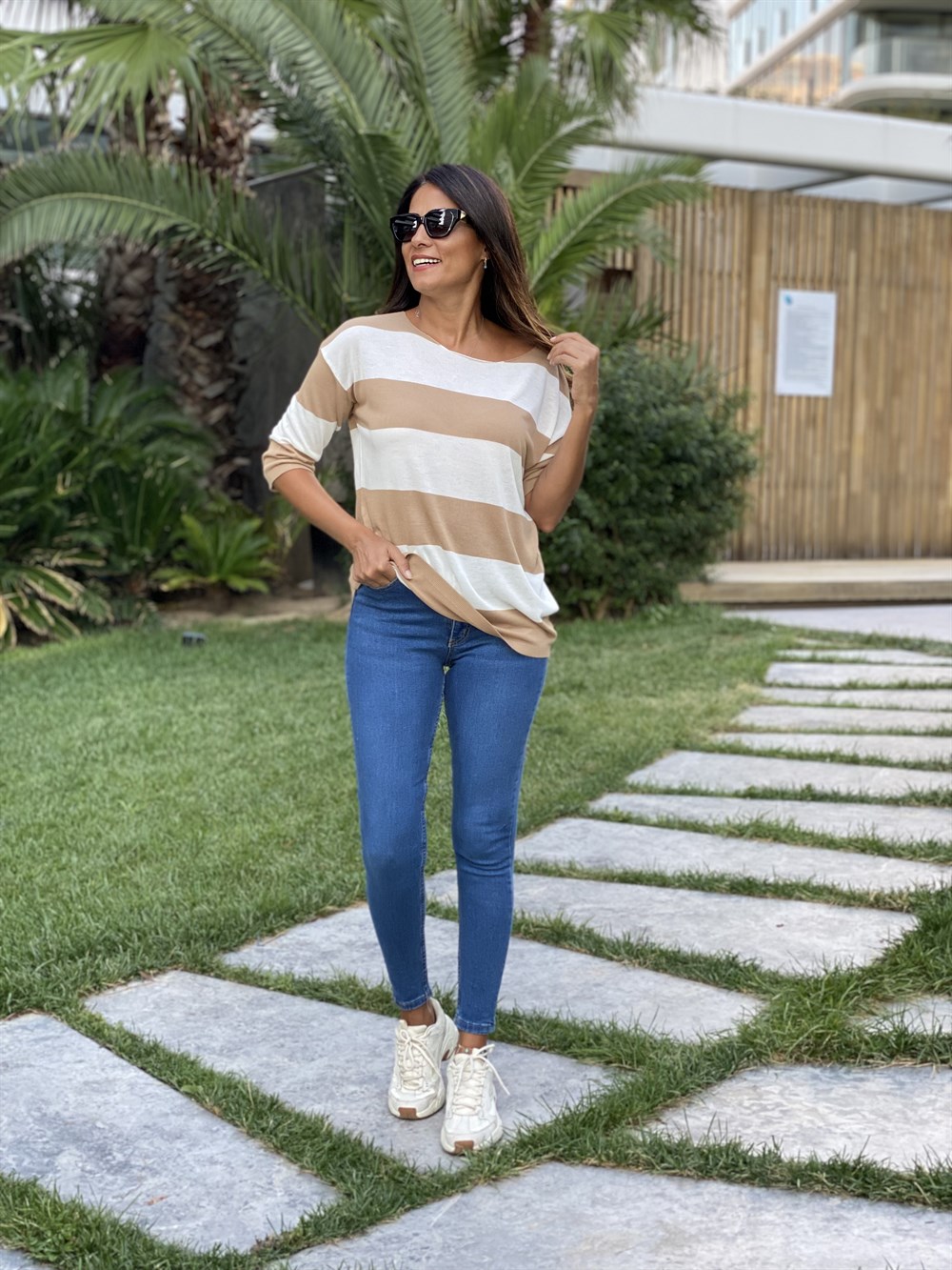 Camel Beyaz Kalın Çizgili Merserize Kadın Bluz