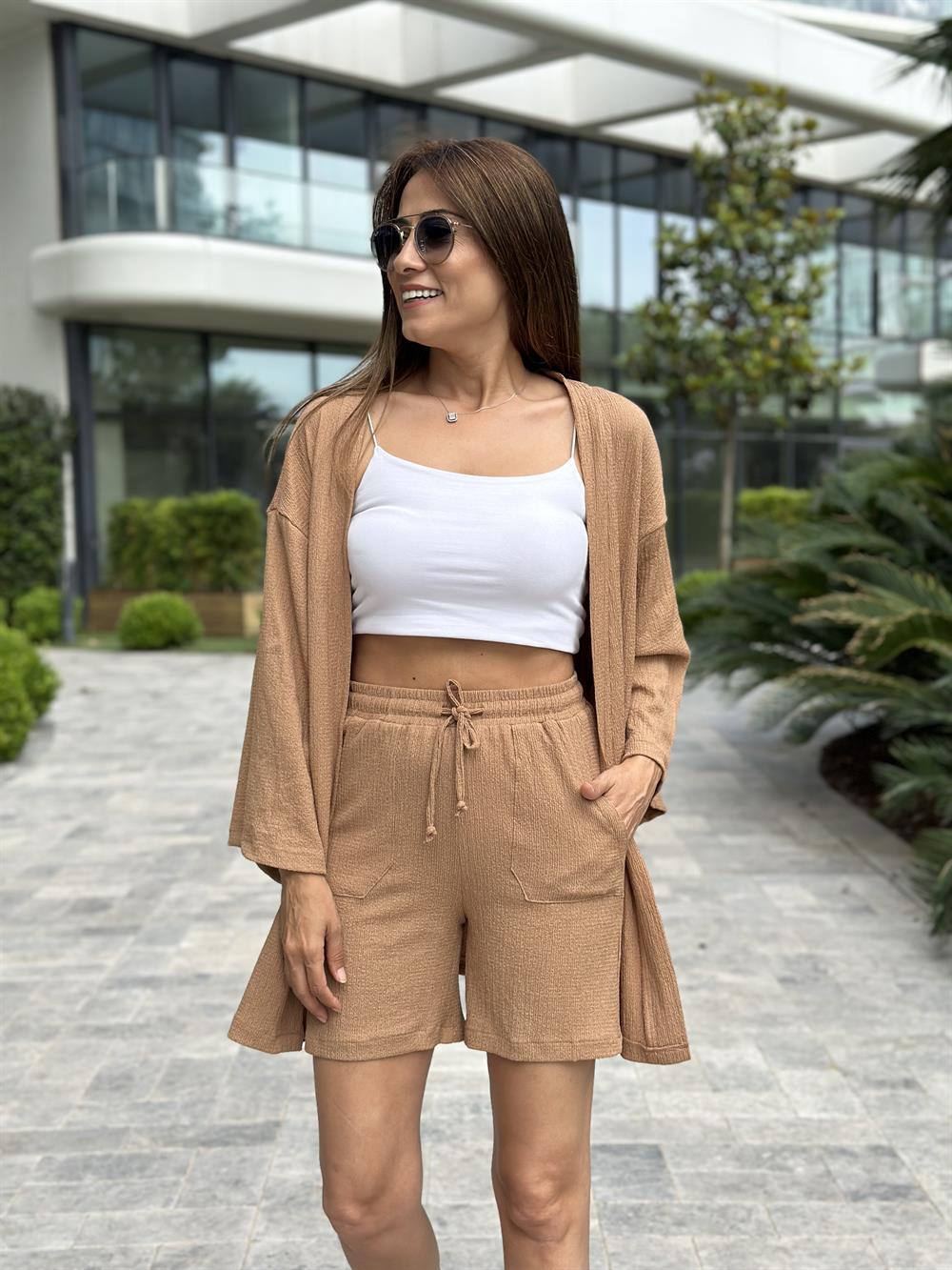 Camel Bürümcük Kimono Şortlu Kadın İkili Takım