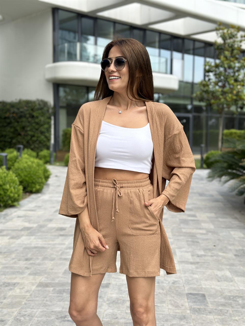 Camel Bürümcük Kimono Şortlu Kadın İkili Takım