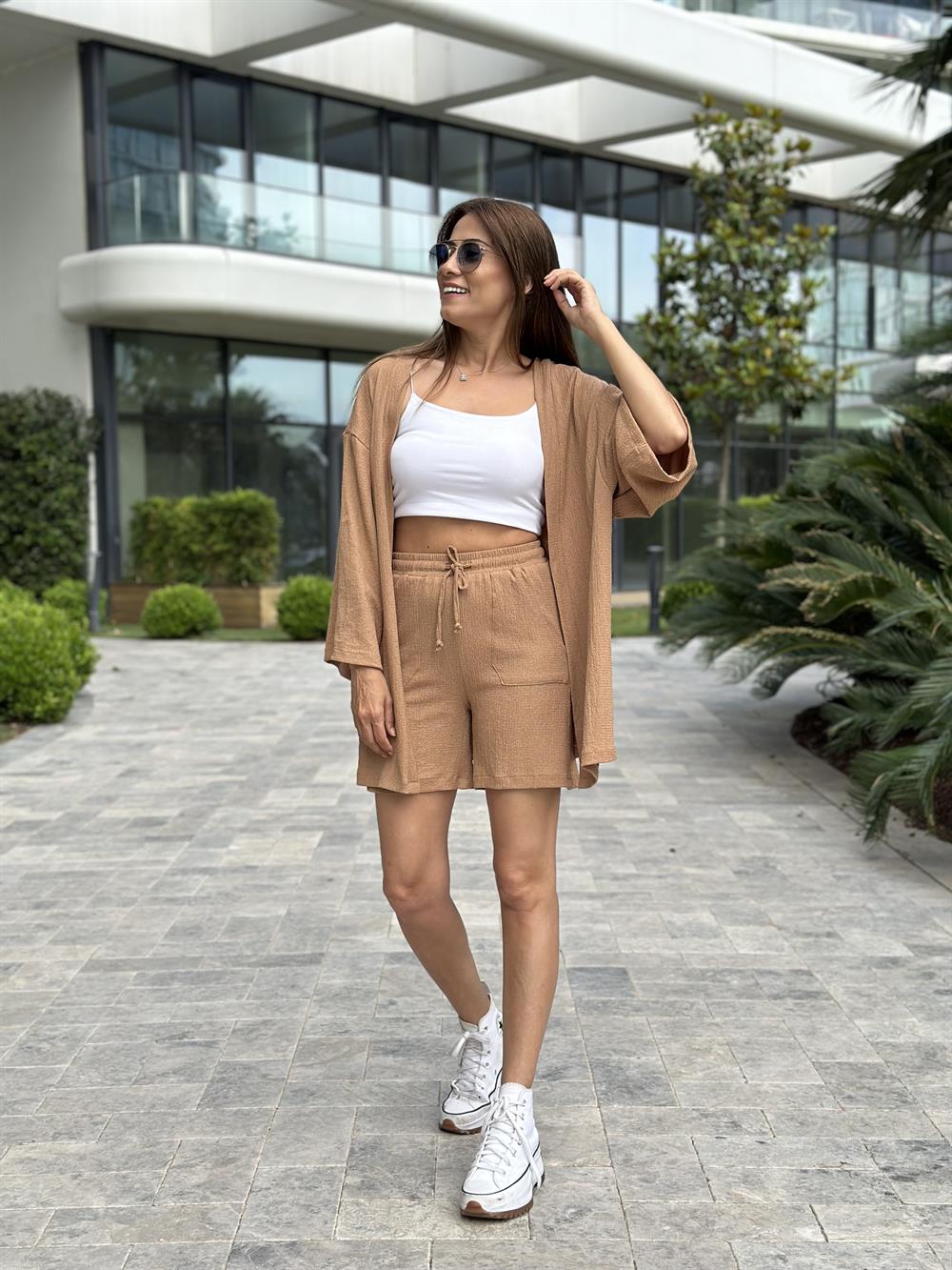 Camel Bürümcük Kimono Şortlu Kadın İkili Takım