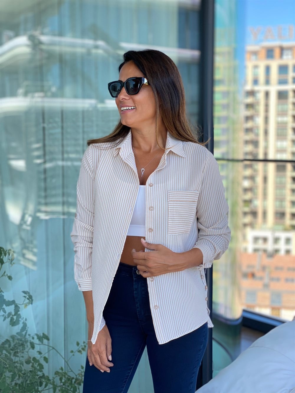 Camel Çizgili Gofre Kadın Gömlek