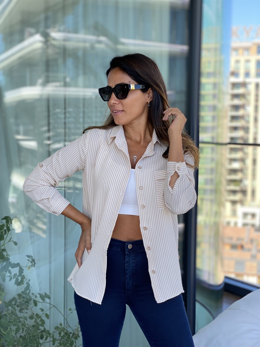 Camel Çizgili Gofre Kadın Gömlek