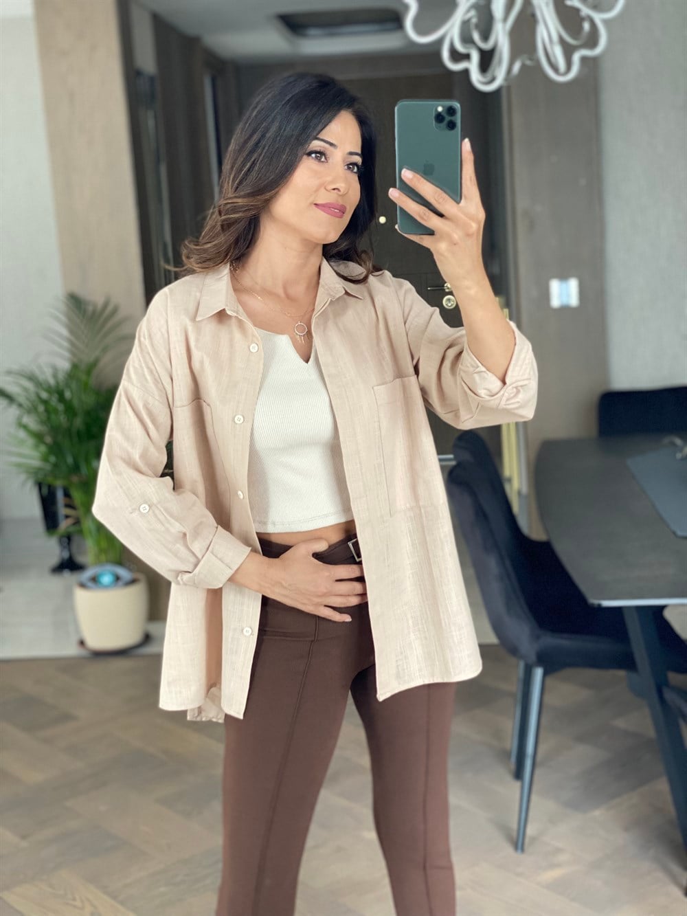 Camel İki Cepli Oversize Keten Gömlek