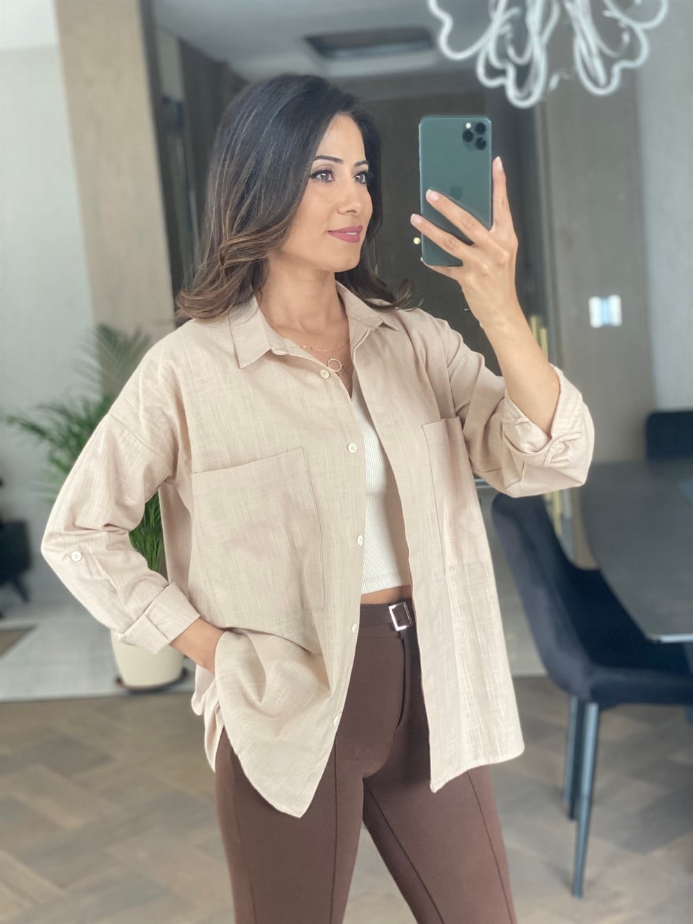 Camel İki Cepli Oversize Keten Gömlek