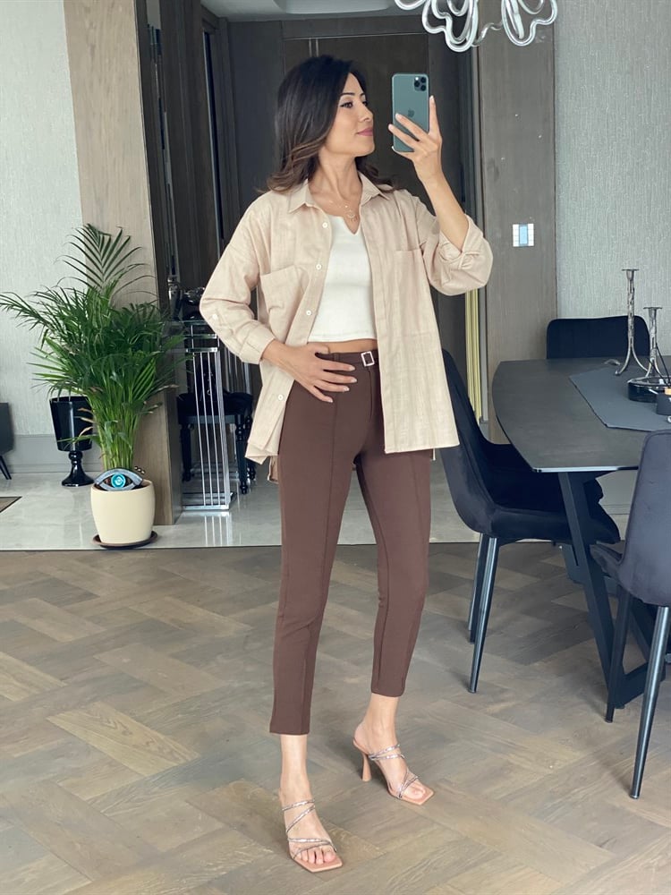 Camel İki Cepli Oversize Keten Gömlek