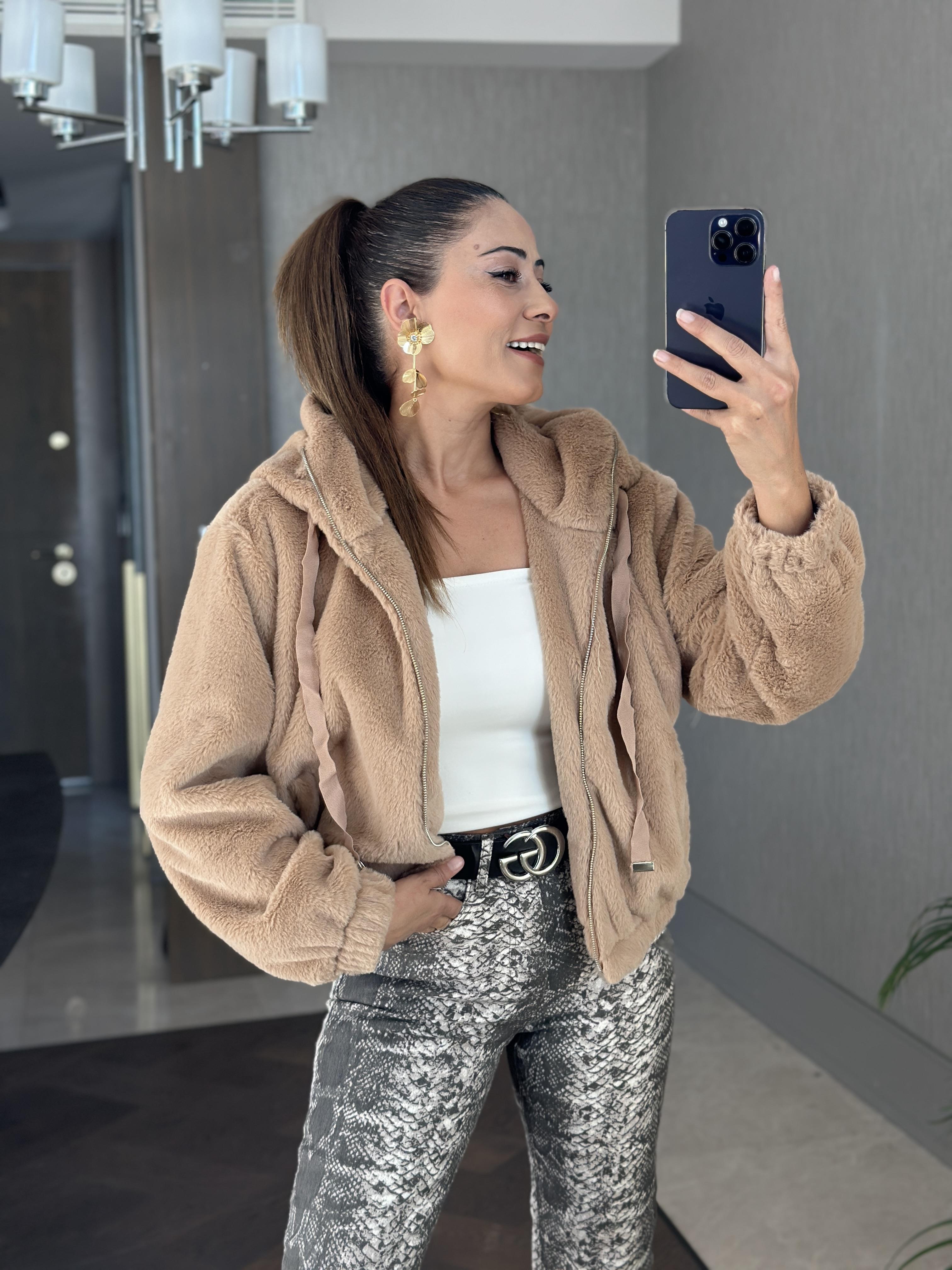 Camel Kapüşonlu Fermuarlı Bomber Kadın Kürk Mont