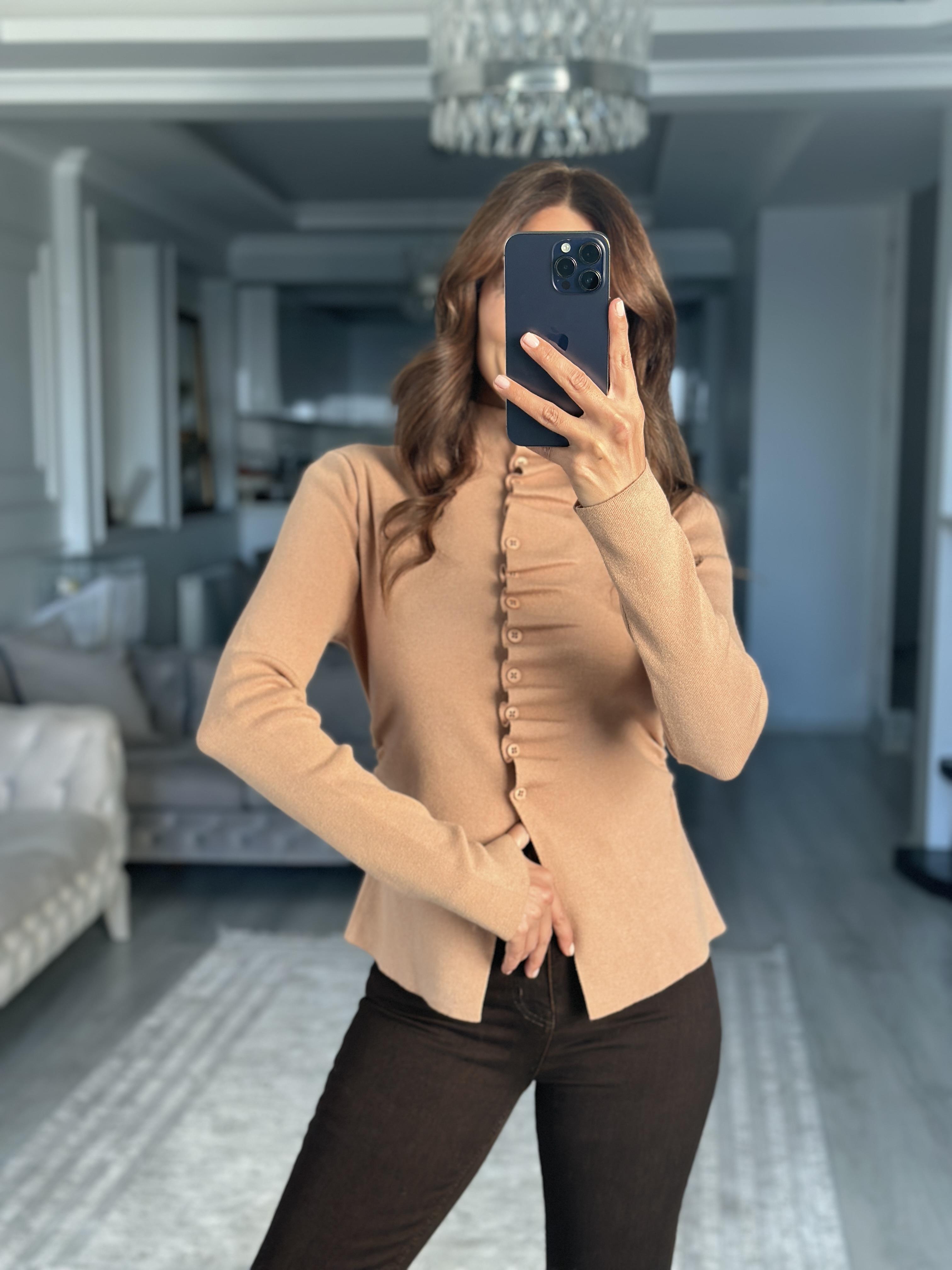 Camel Kendinden Büzgülü Düğmeli Kadın Triko Hırka