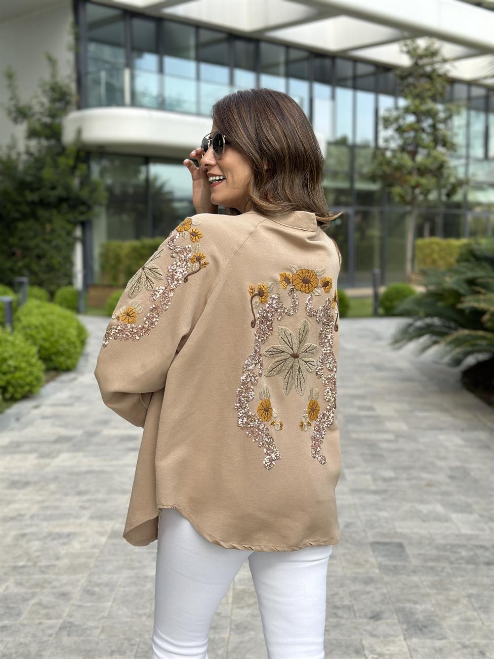 Camel Nakışlı Keten Kadın Kimono Ceket