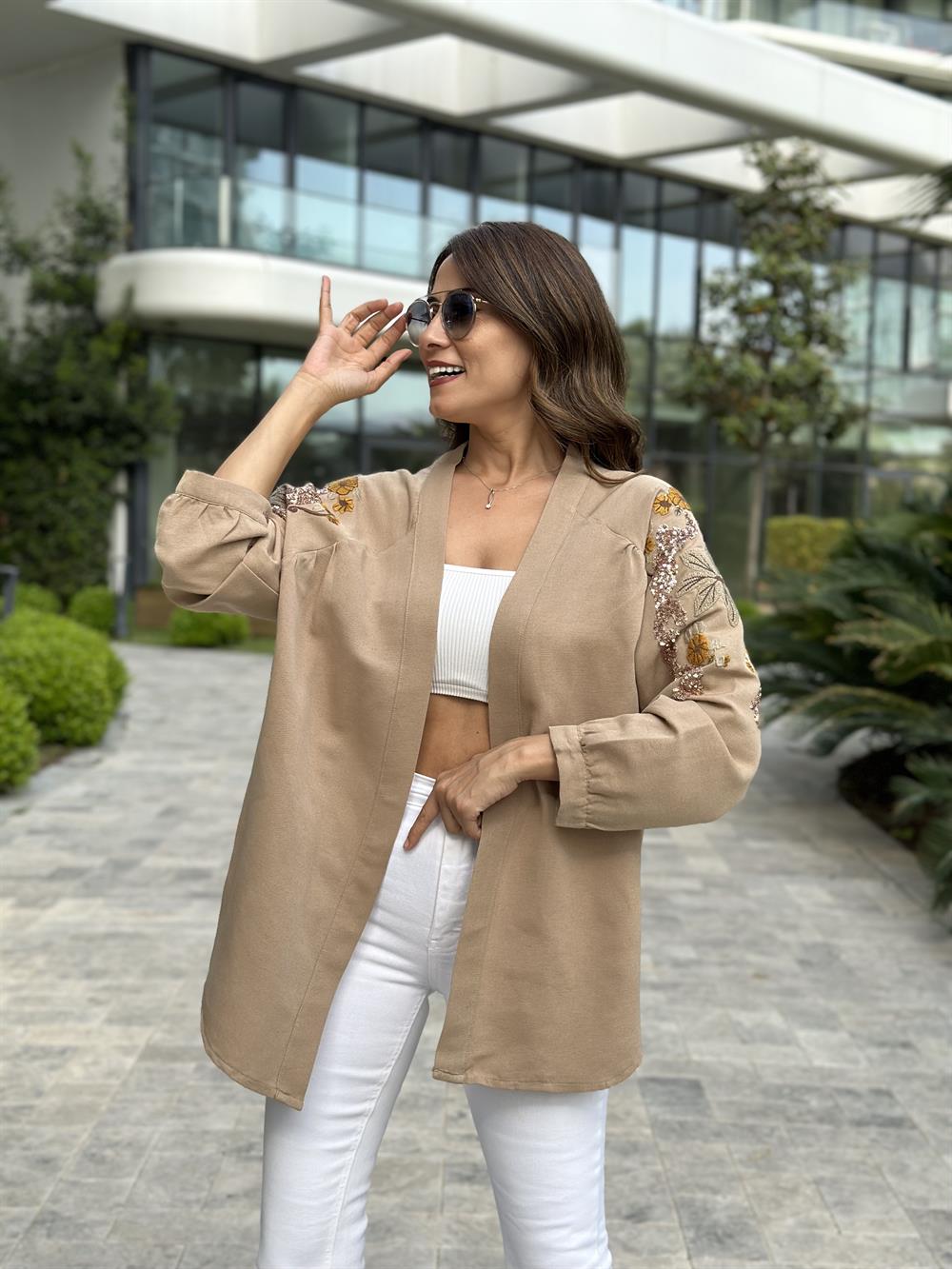 Camel Nakışlı Keten Kadın Kimono Ceket