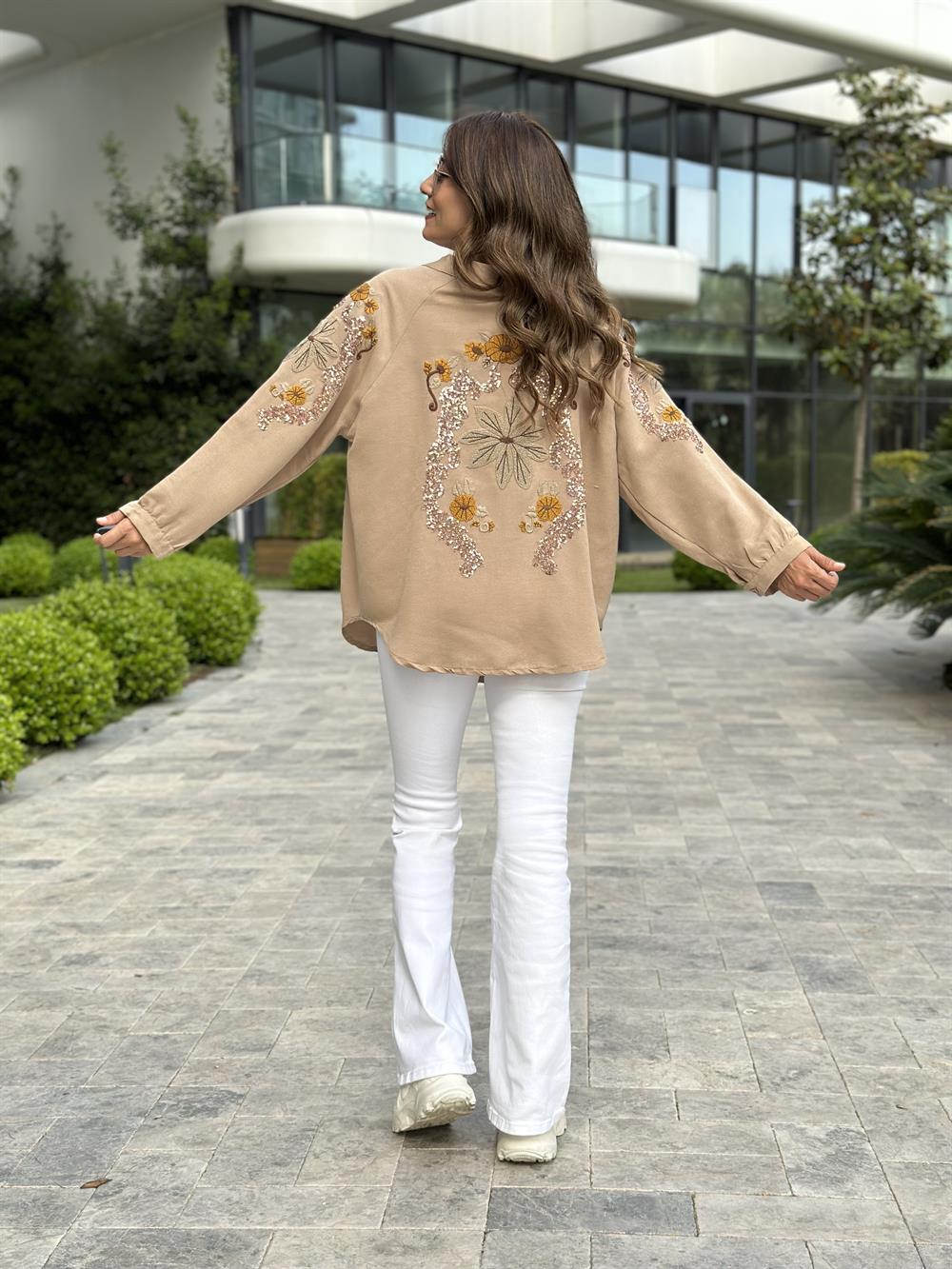 Camel Nakışlı Keten Kadın Kimono Ceket