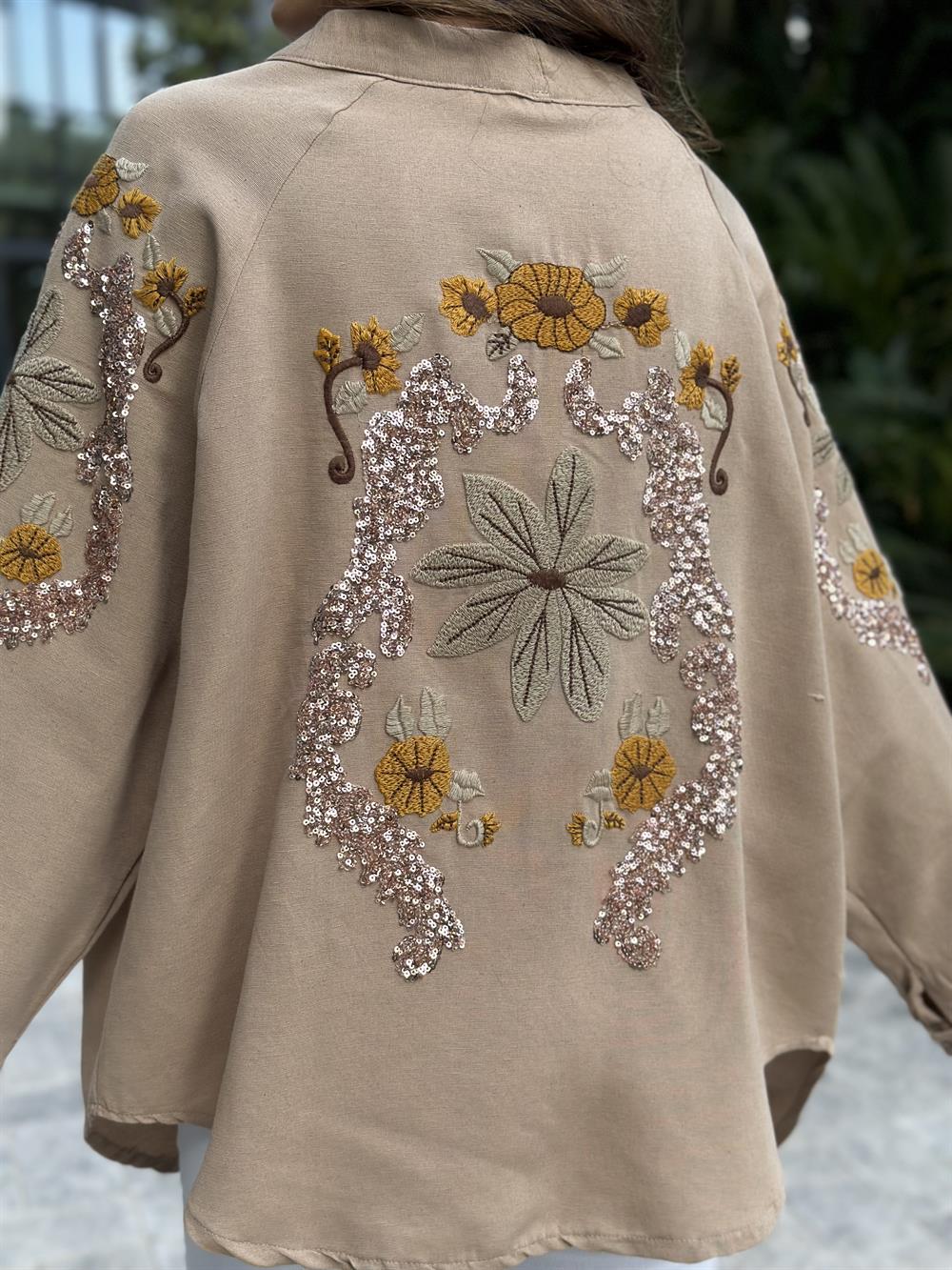 Camel Nakışlı Keten Kadın Kimono Ceket