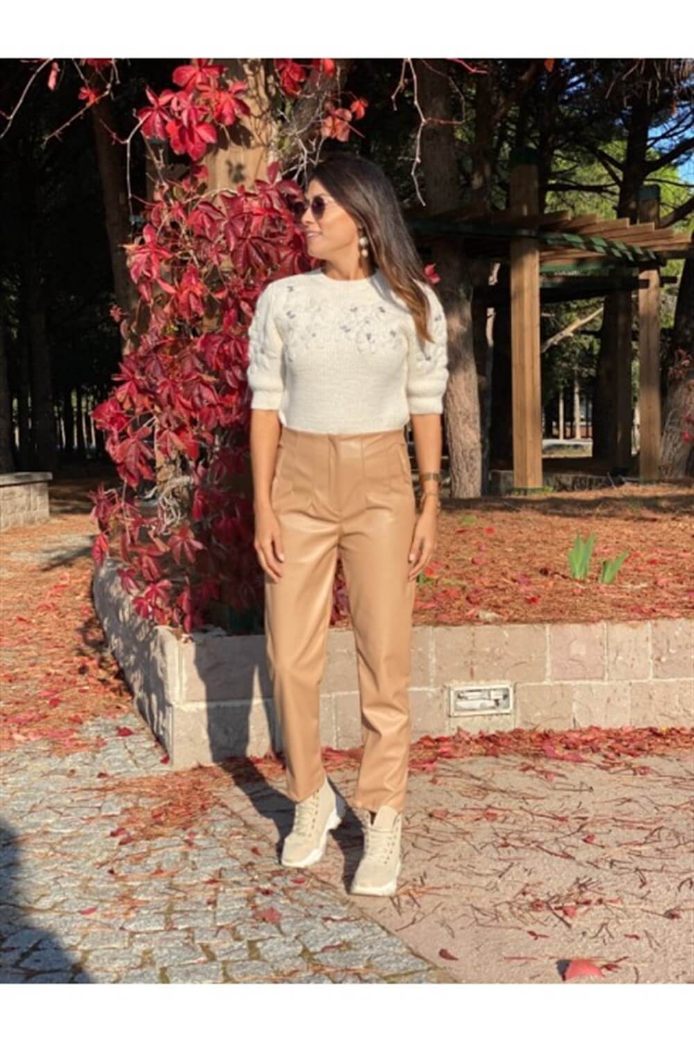 Camel Önü Flatolu Deri Pantolon