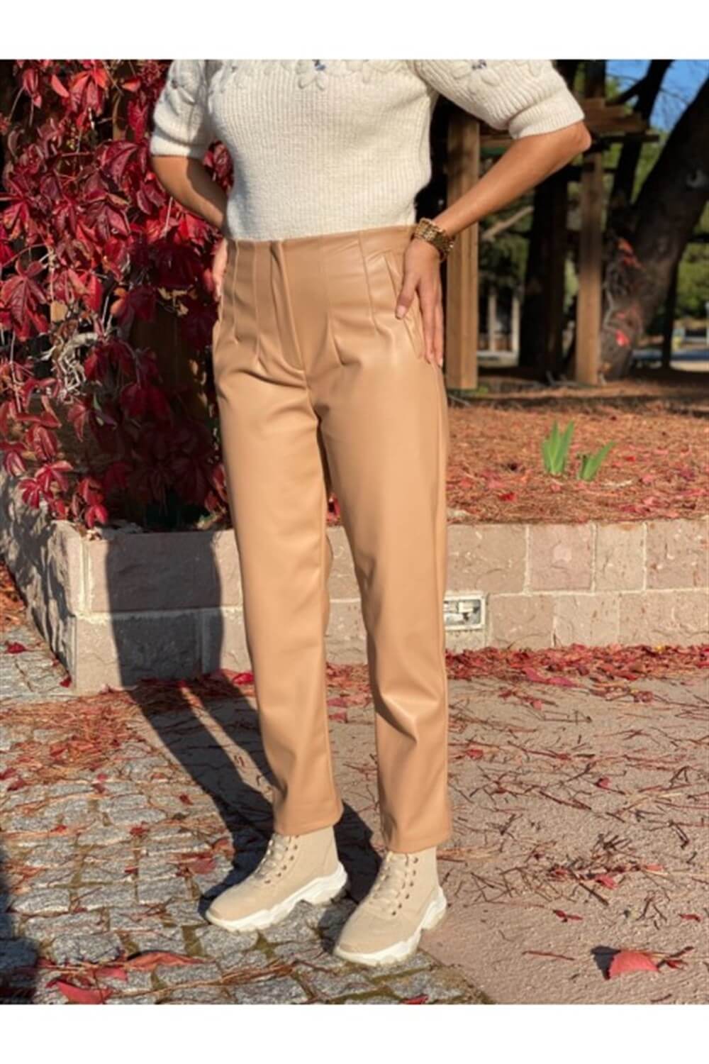 Camel Önü Flatolu Deri Pantolon