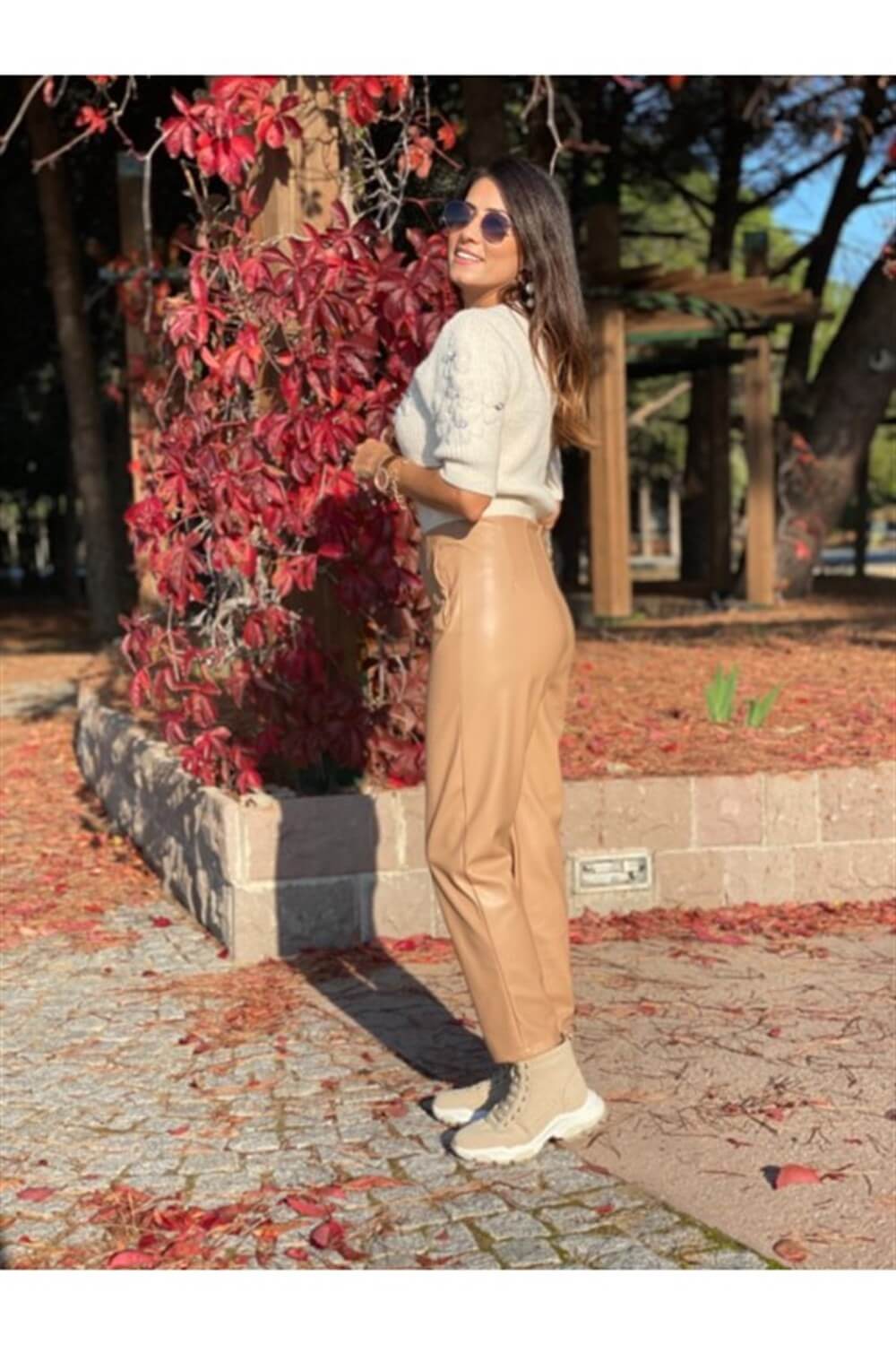 Camel Önü Flatolu Deri Pantolon