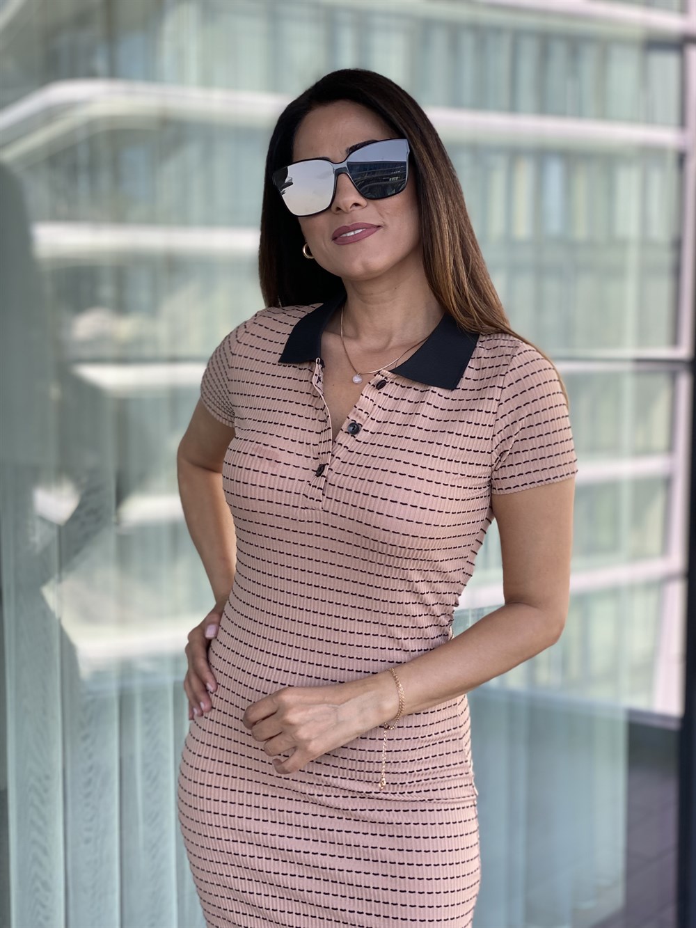Camel Polo Yaka Çizgi Detaylı Elbise 