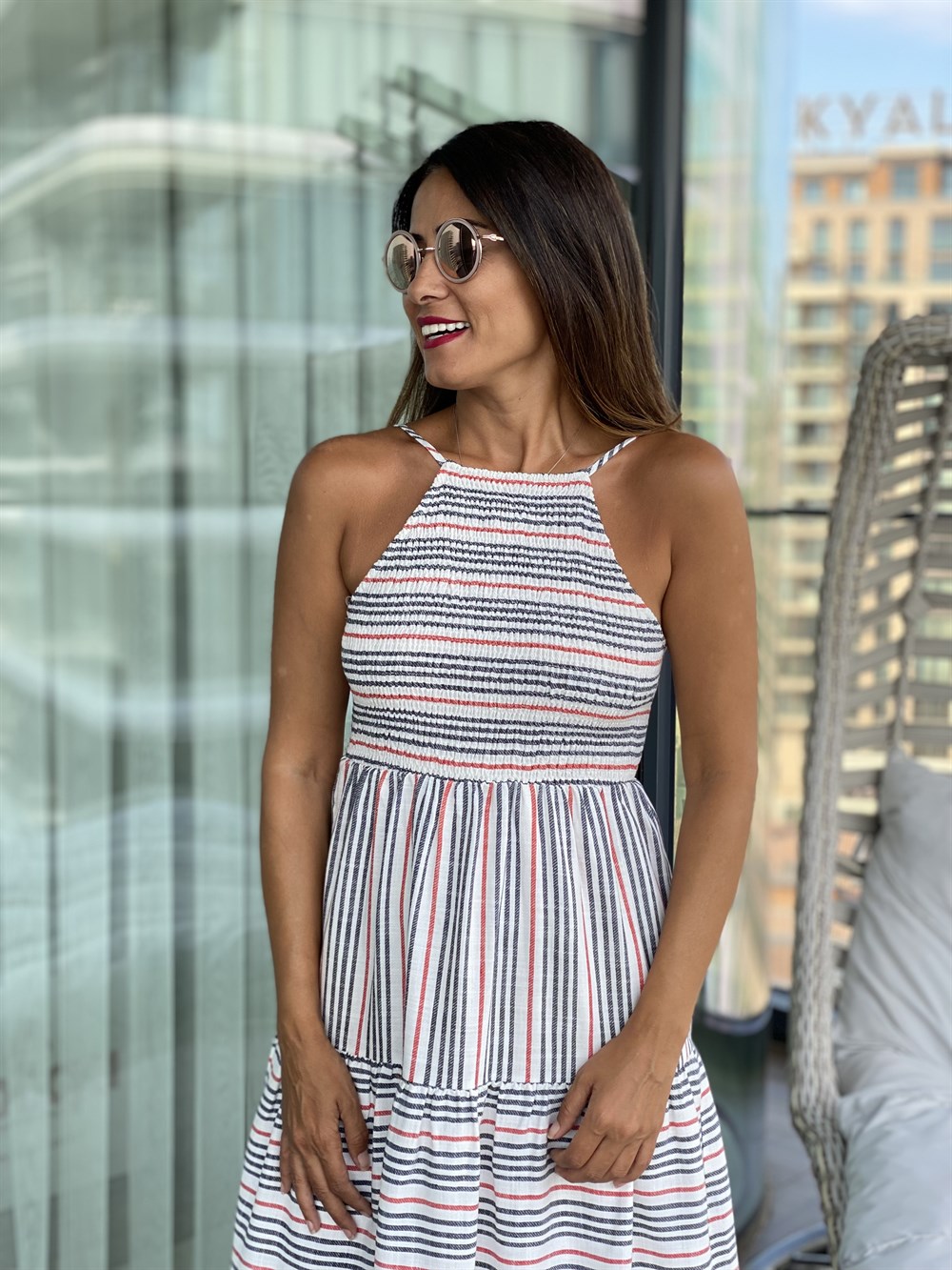 Çizgili Gipeli Keten Elbise