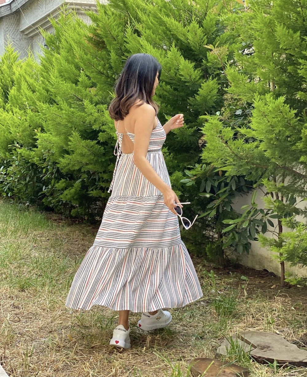 Çizgili Gipeli Keten Elbise