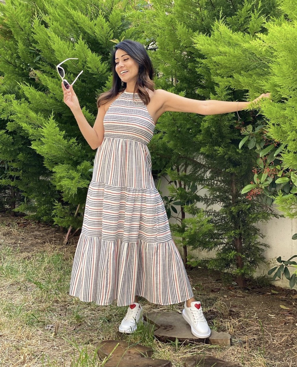 Çizgili Gipeli Keten Elbise