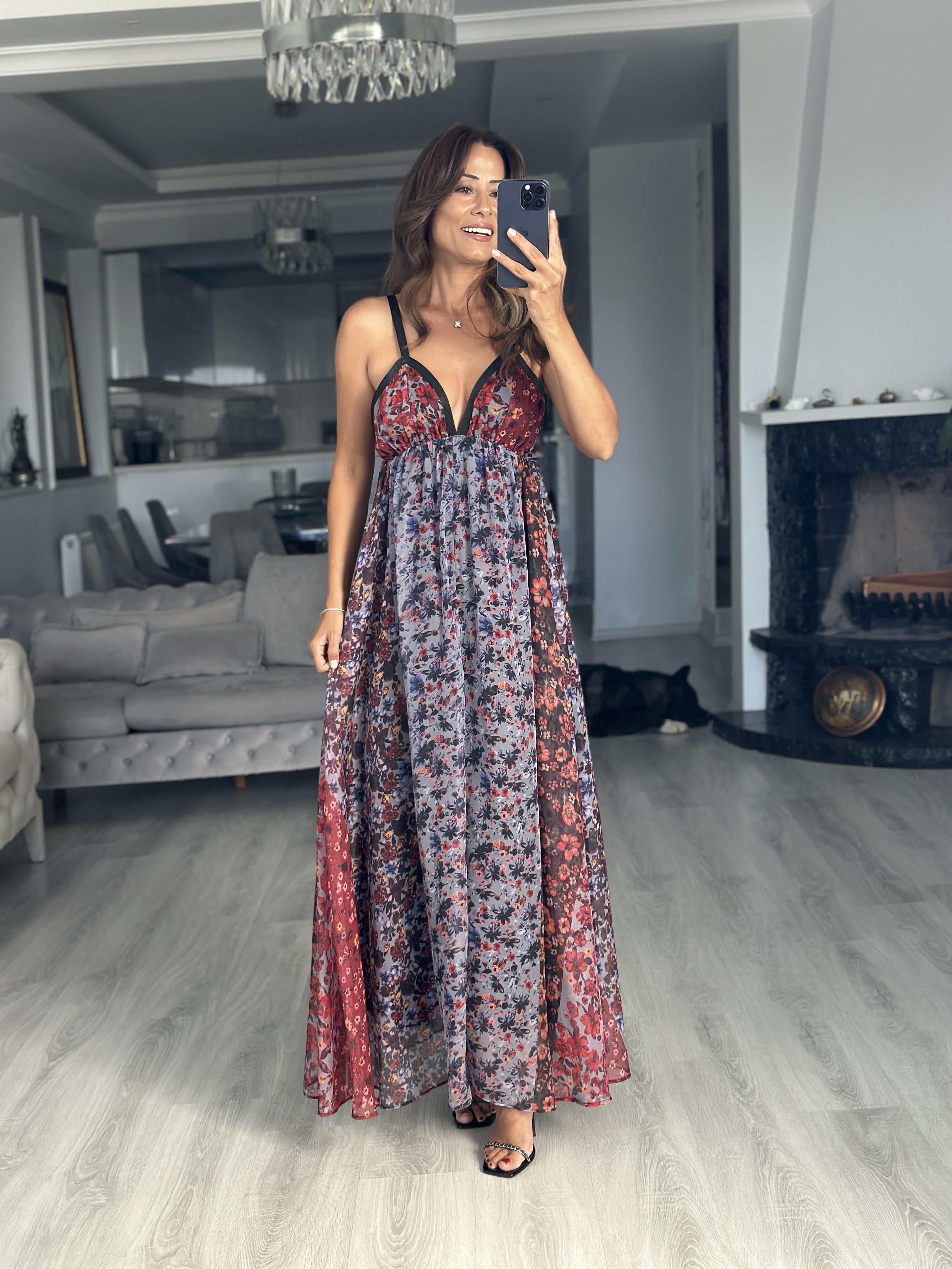 Çok Renkli Askılı Crush Çiçek Desenli Maksi Boy Kadın Elbise