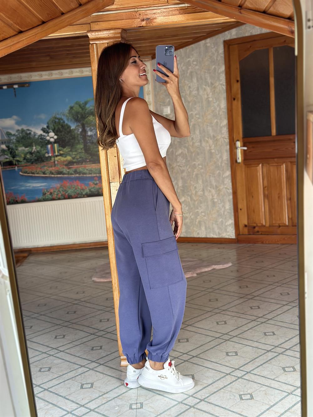 Eflatun Kargo Cep Bel Ve Paça Lastikli Modal Kadın Pantolon