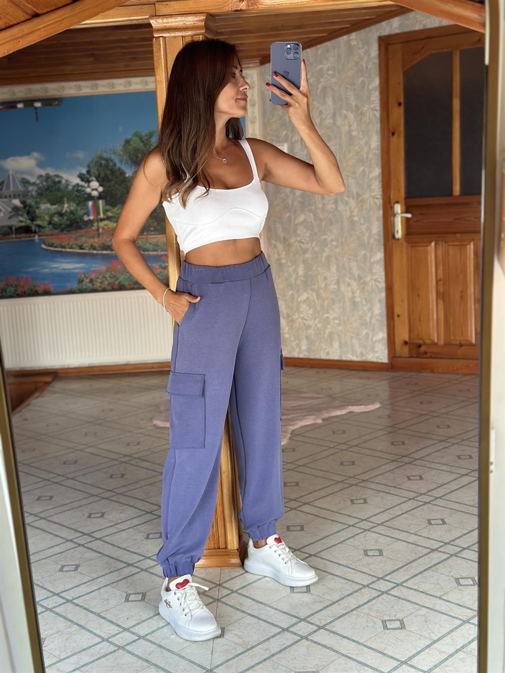 Eflatun Kargo Cep Bel Ve Paça Lastikli Modal Kadın Pantolon