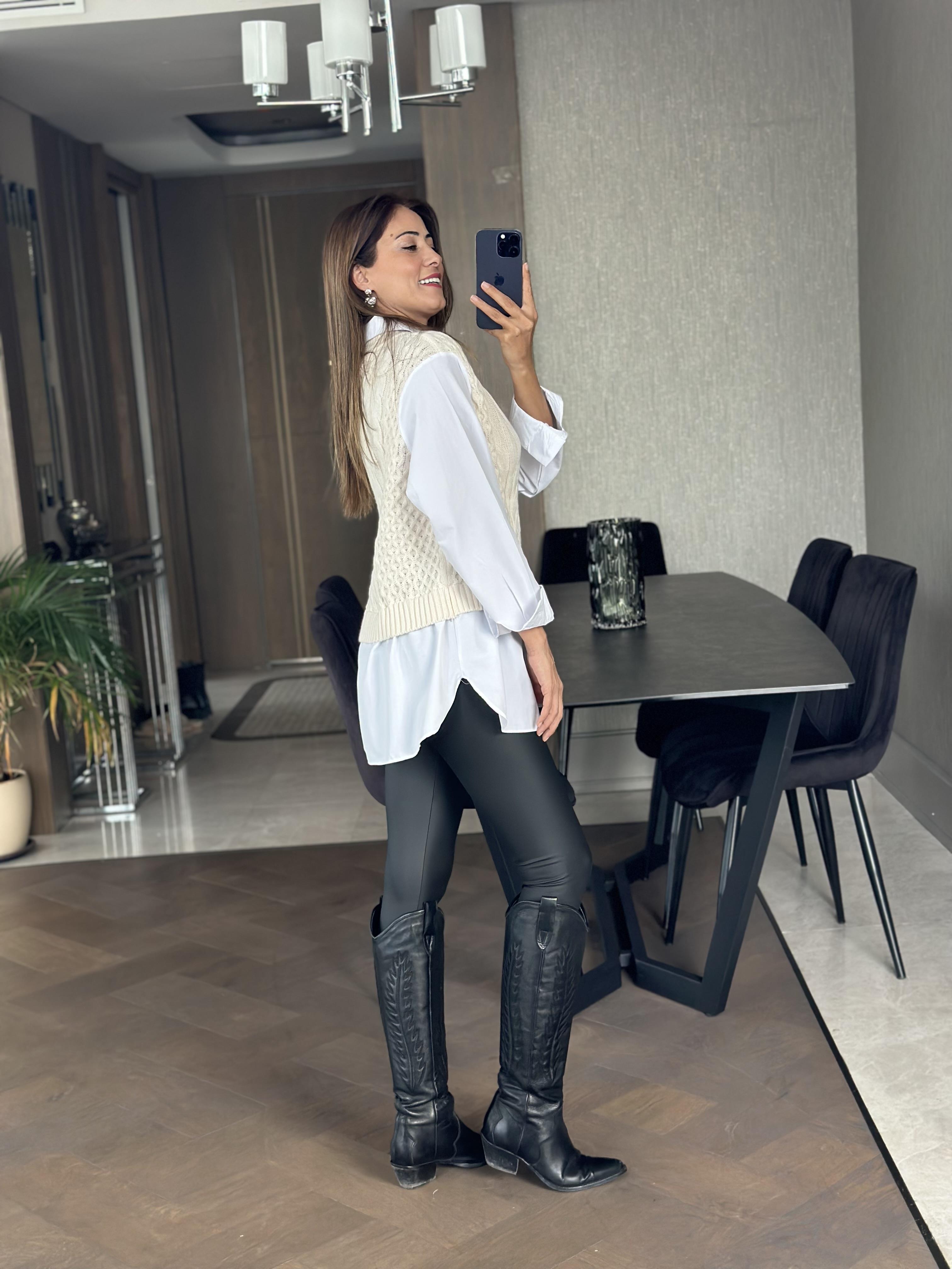 Ekru Beyaz Gömlekli Triko Kadın Süveter