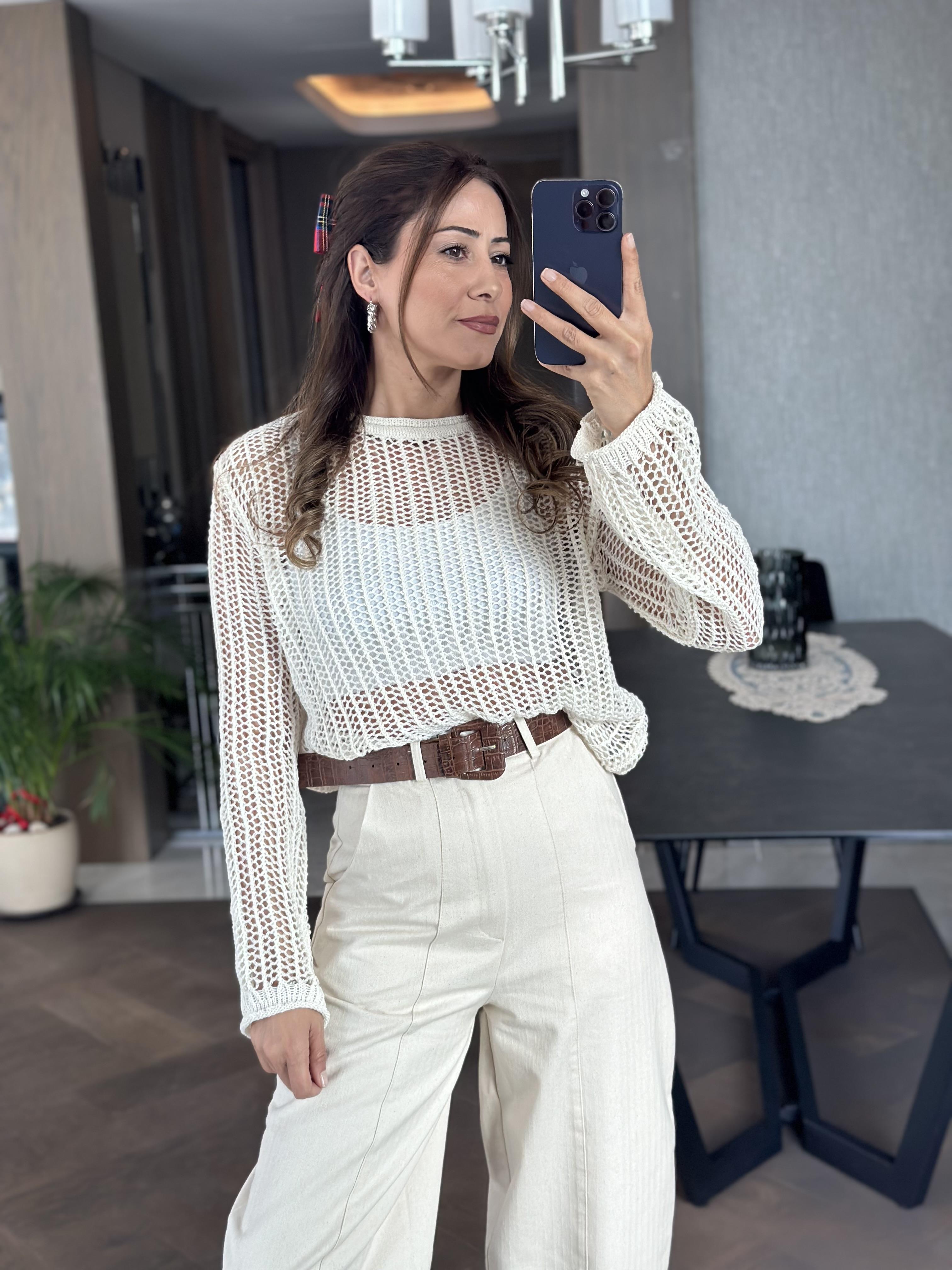 Ekru Bisiklet Yaka File Örgü Triko Kadın Crop Bluz