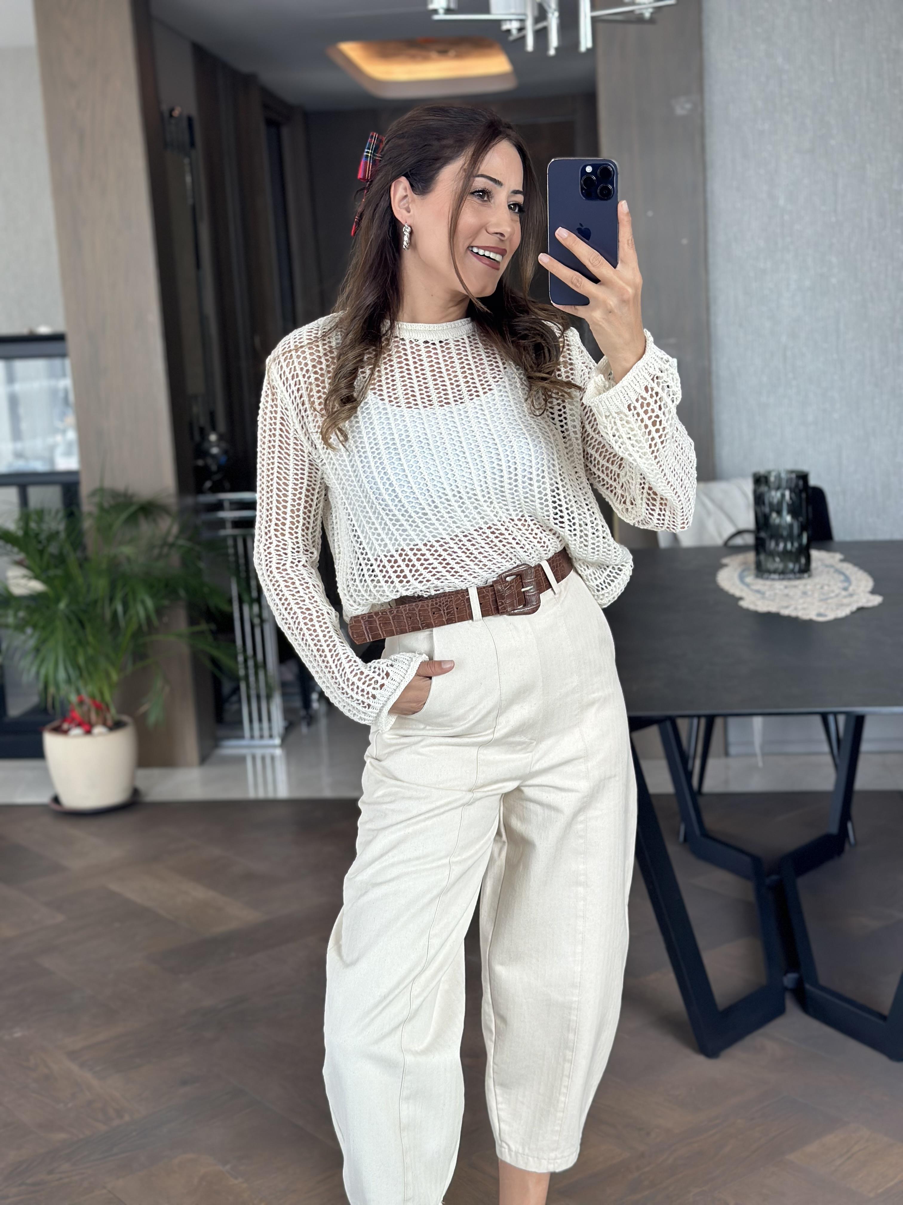 Ekru Bisiklet Yaka File Örgü Triko Kadın Crop Bluz