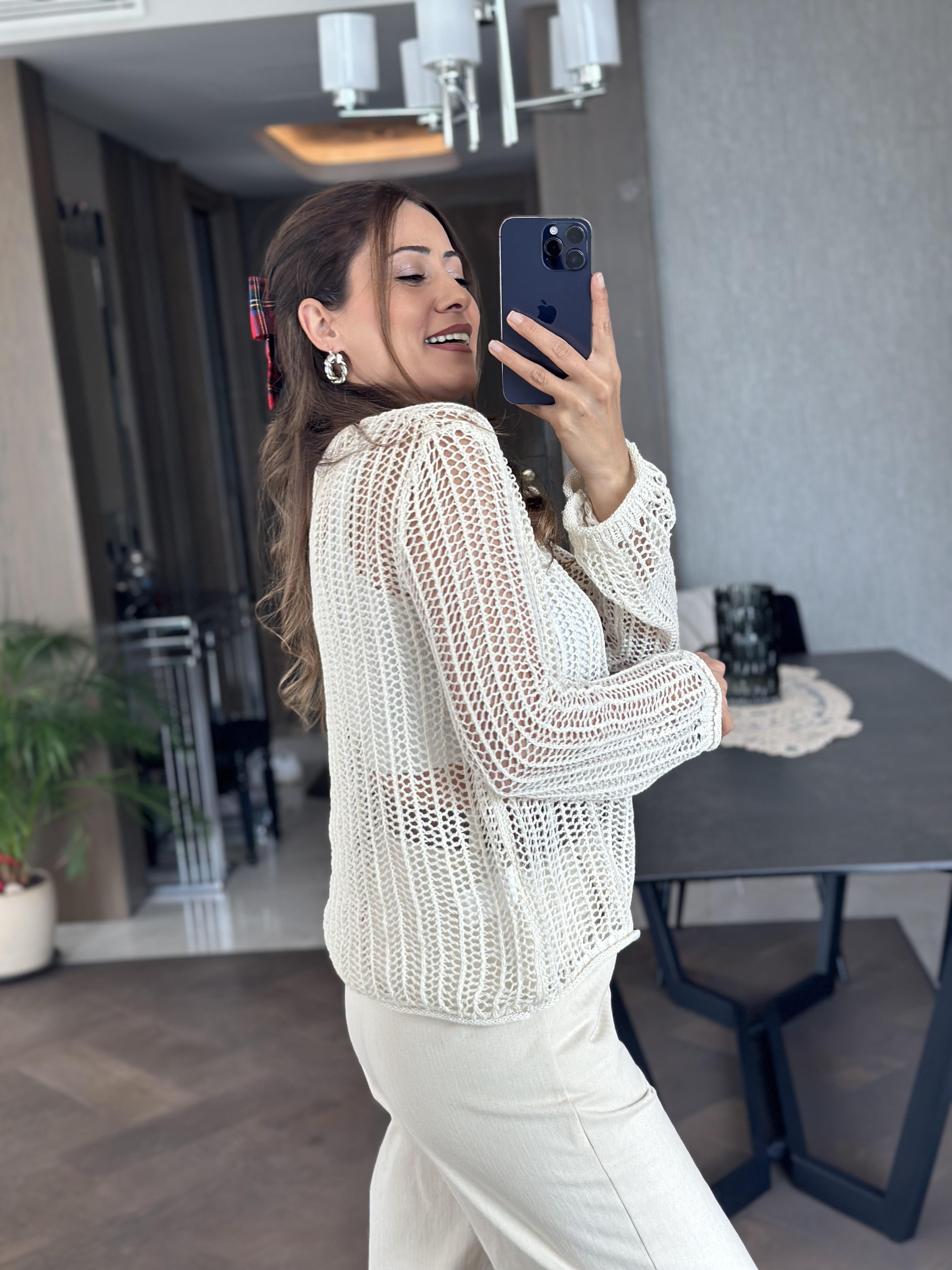 Ekru Bisiklet Yaka File Örgü Triko Kadın Crop Bluz