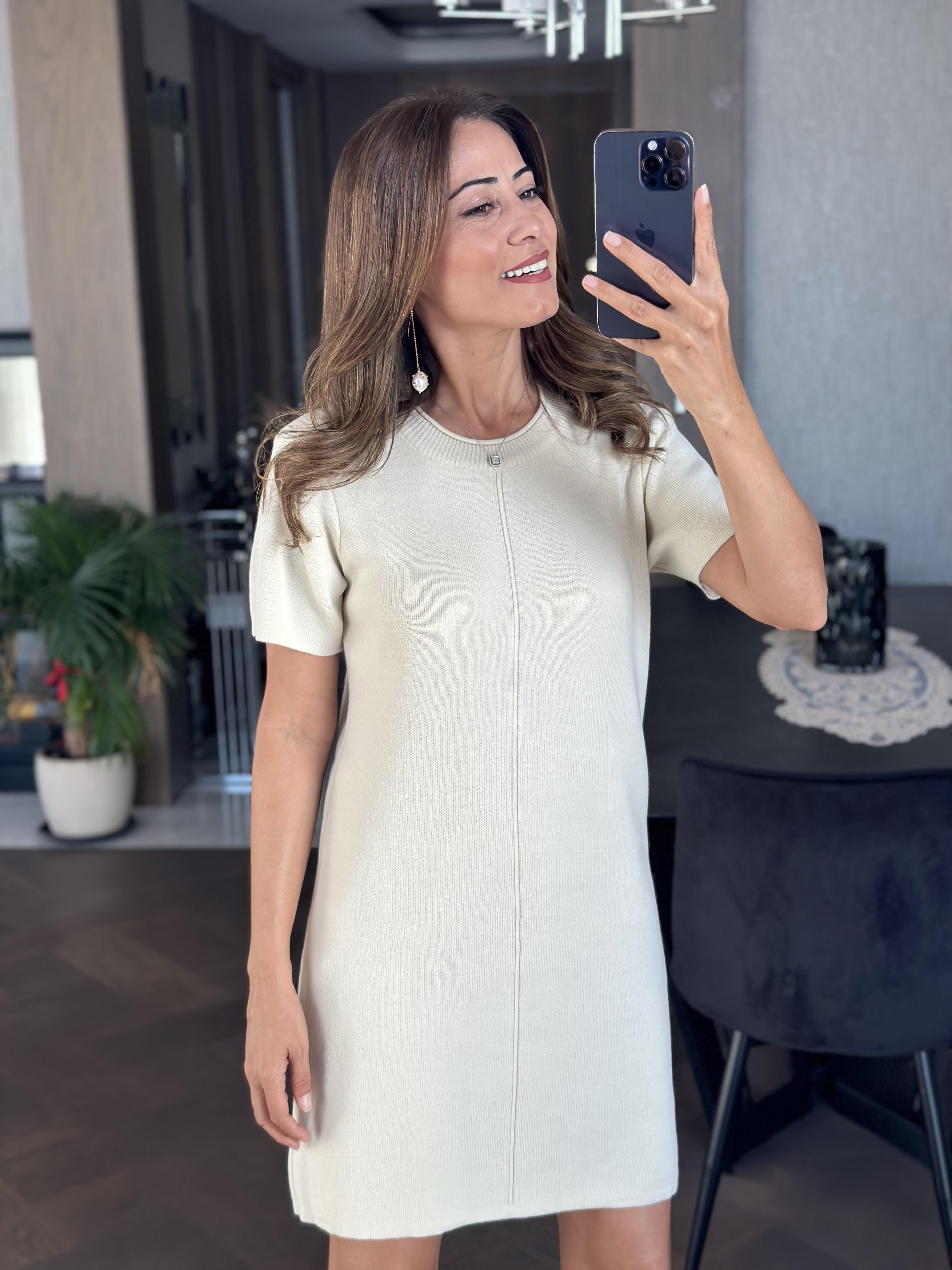 Ekru Bisiklet Yaka Kısa Kol Triko  Kadın Mini Elbise