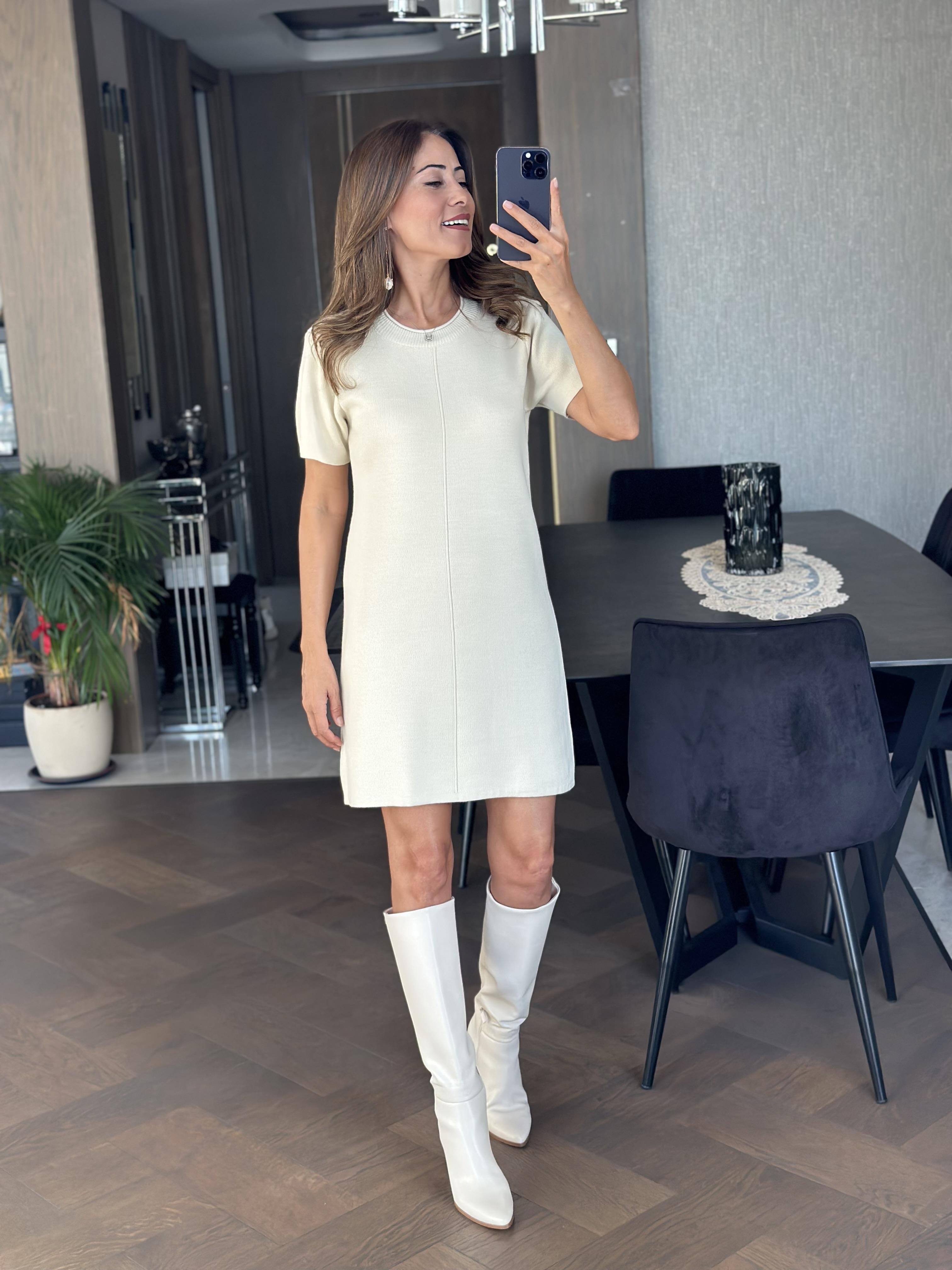 Ekru Bisiklet Yaka Kısa Kol Triko  Kadın Mini Elbise