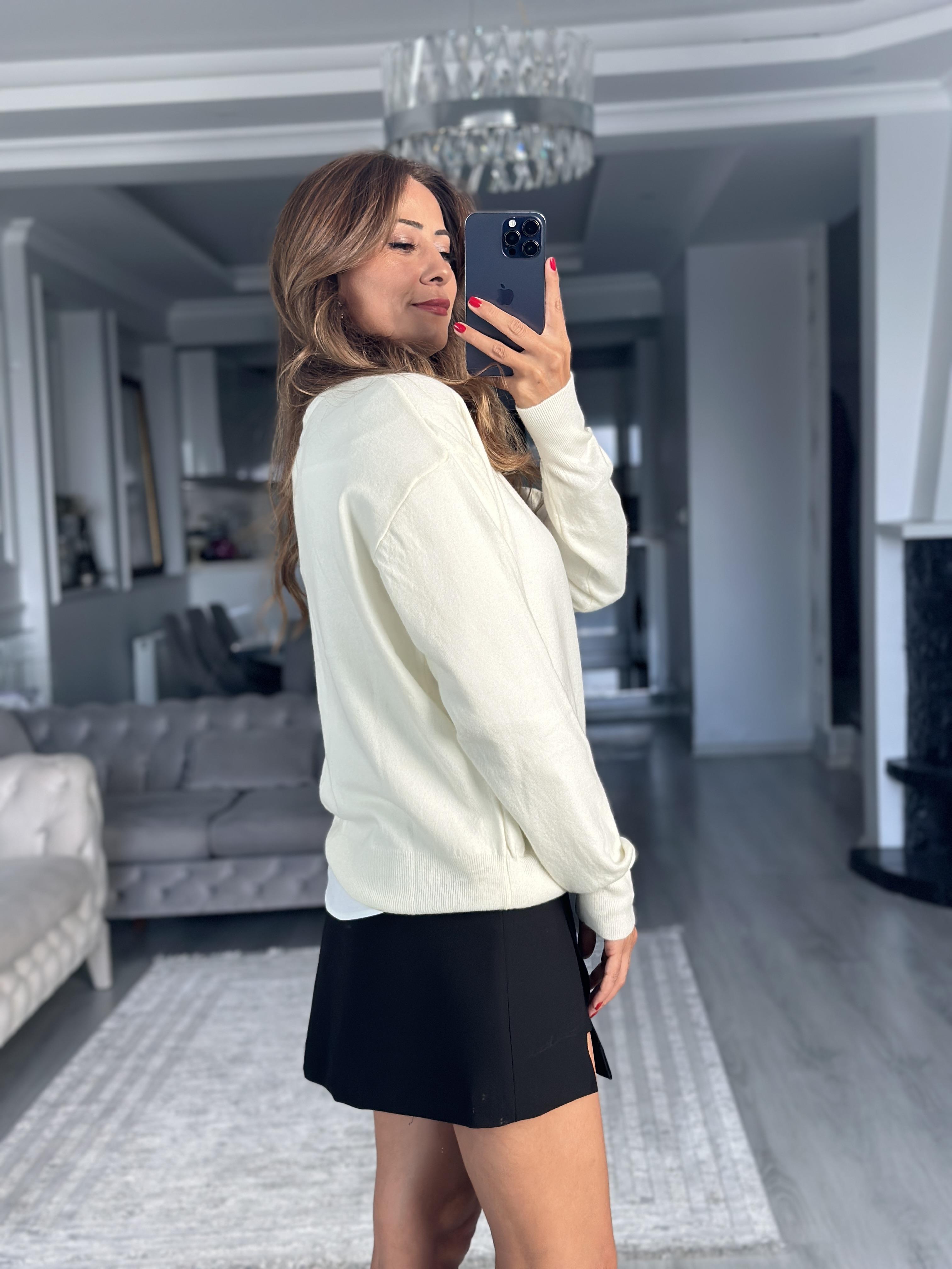 Ekru Bisiklet Yaka Yünlü Basic Kadın Triko Kazak