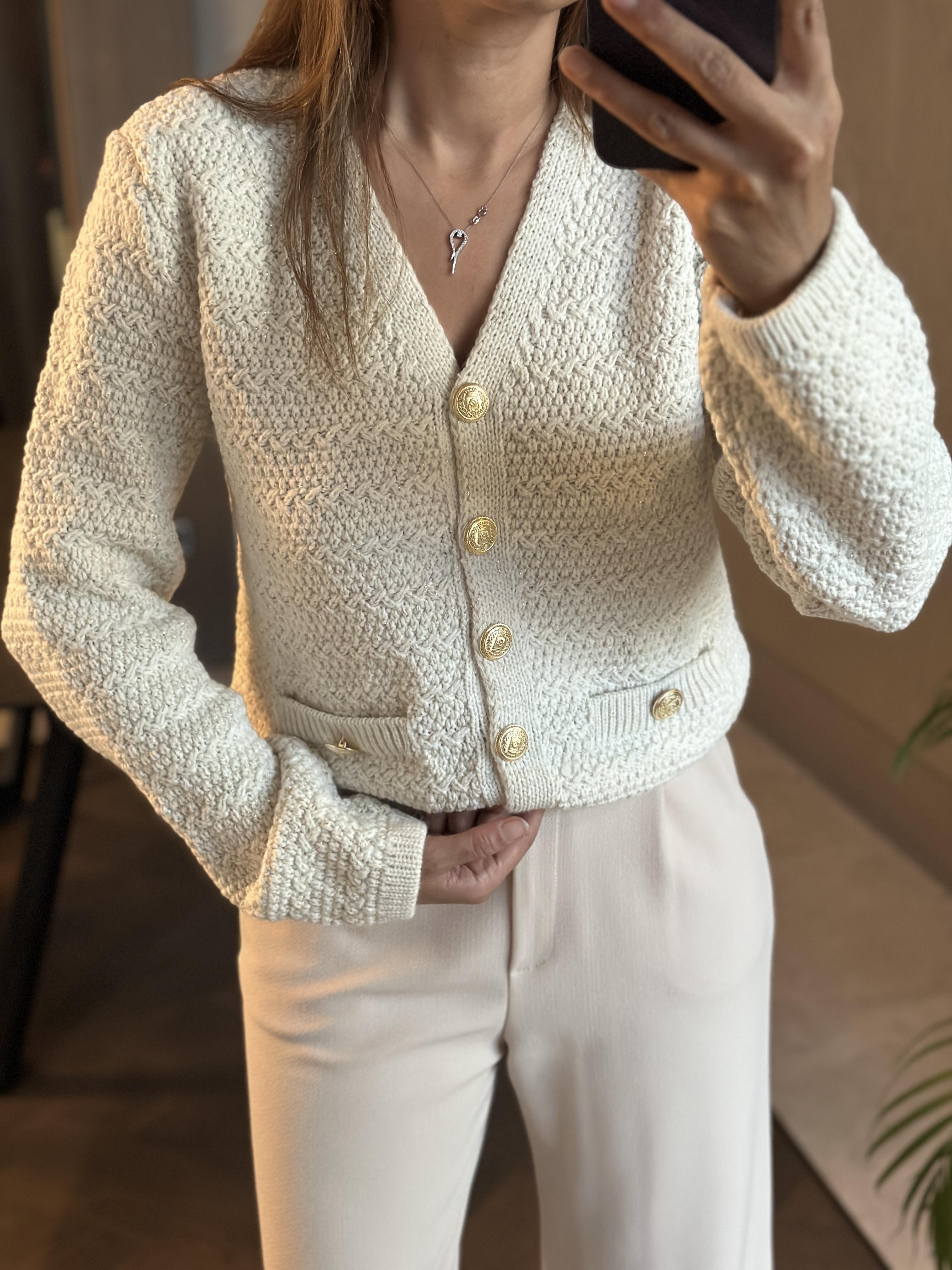 Ekru Cebi Ve Önü Düğmeli Marka Model Kadın Triko Hırka 