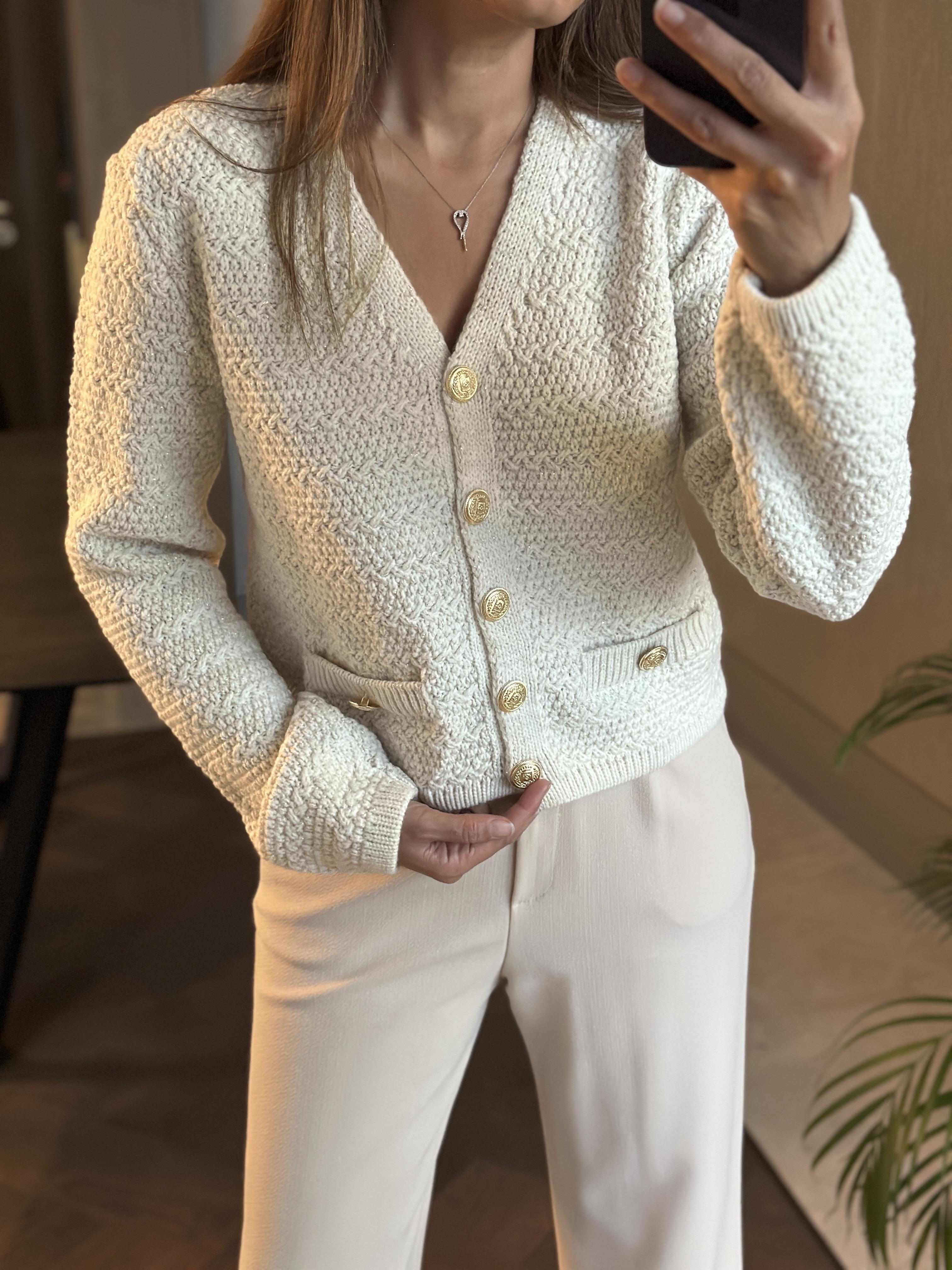 Ekru Cebi Ve Önü Düğmeli Marka Model Kadın Triko Hırka 