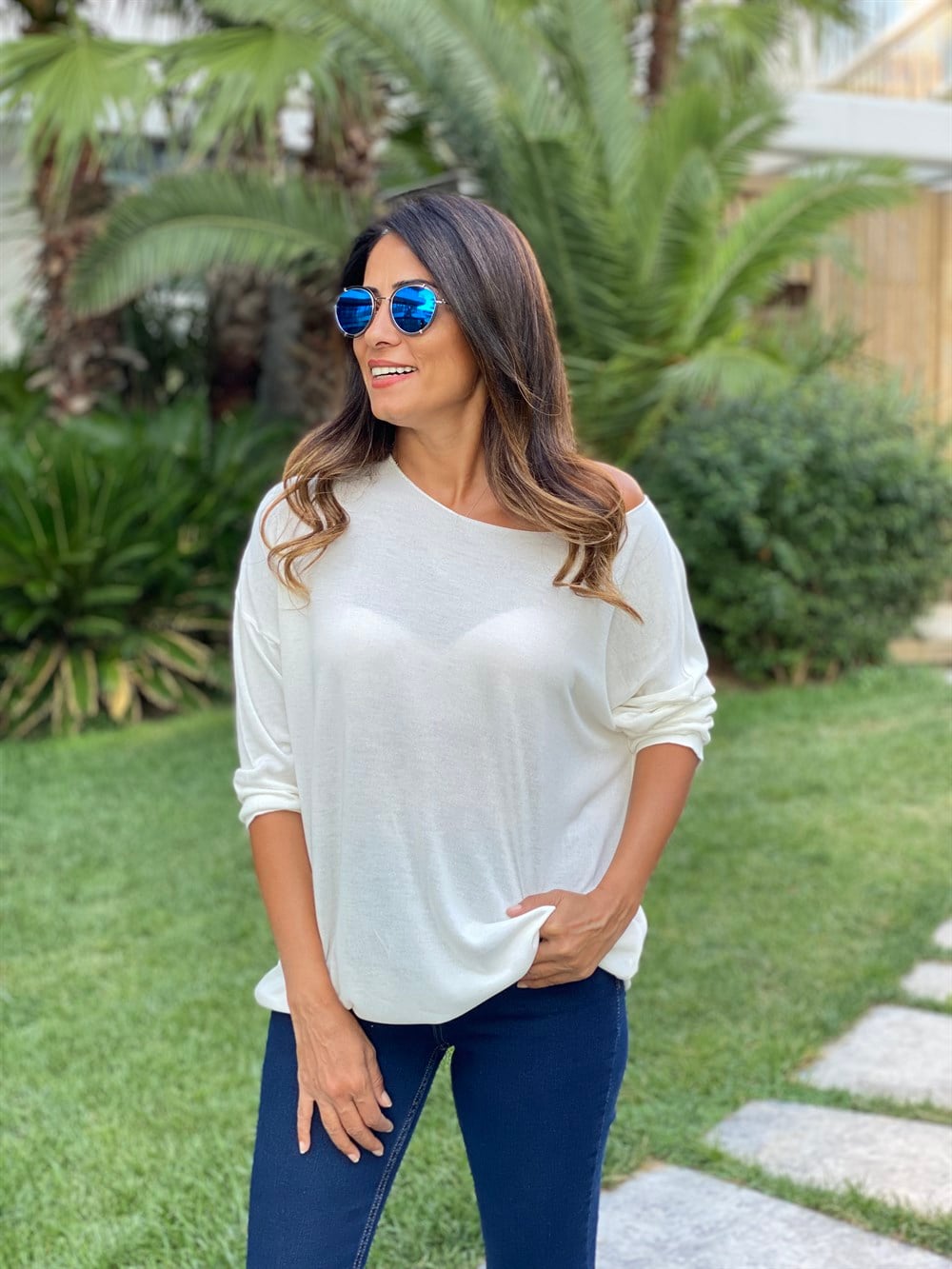 Ekru Düz Merserize Kadın Bluz