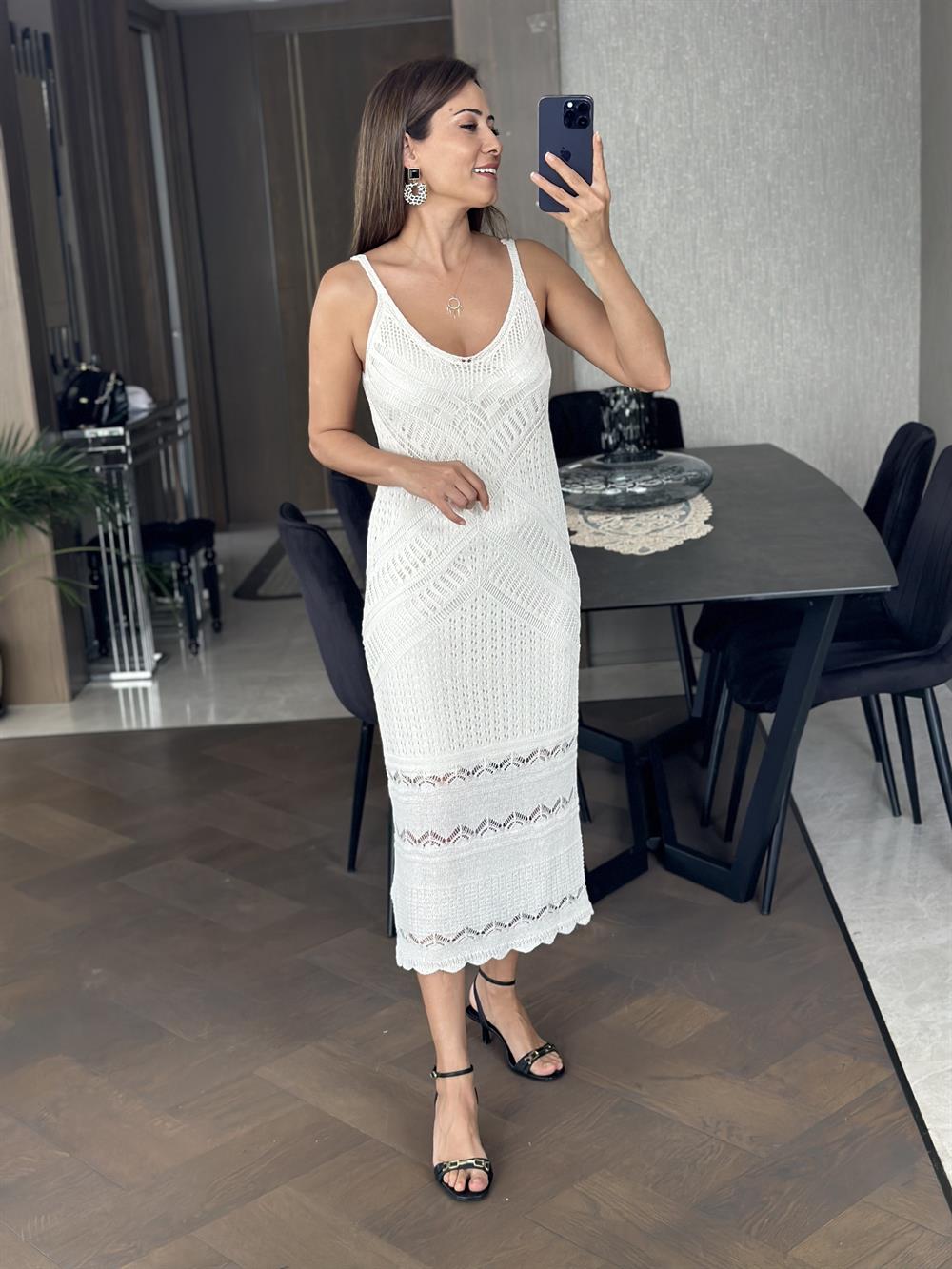 Ekru İnce Askılı Ajur Desenli Triko Kadın Elbise