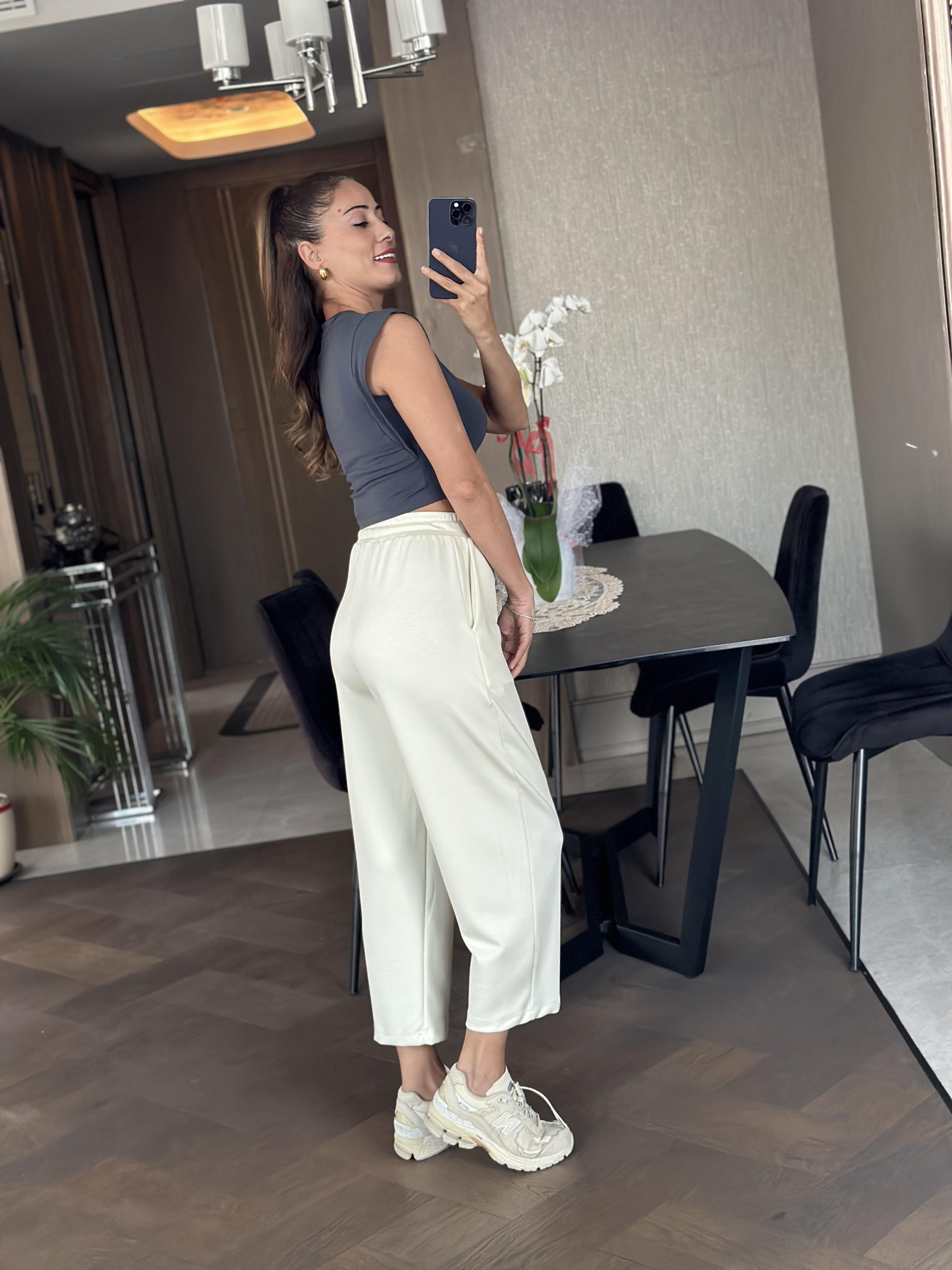 Ekru Modal Beli Bağcıklı Cepli Önü Dikiş Detay Kadın Pantolon