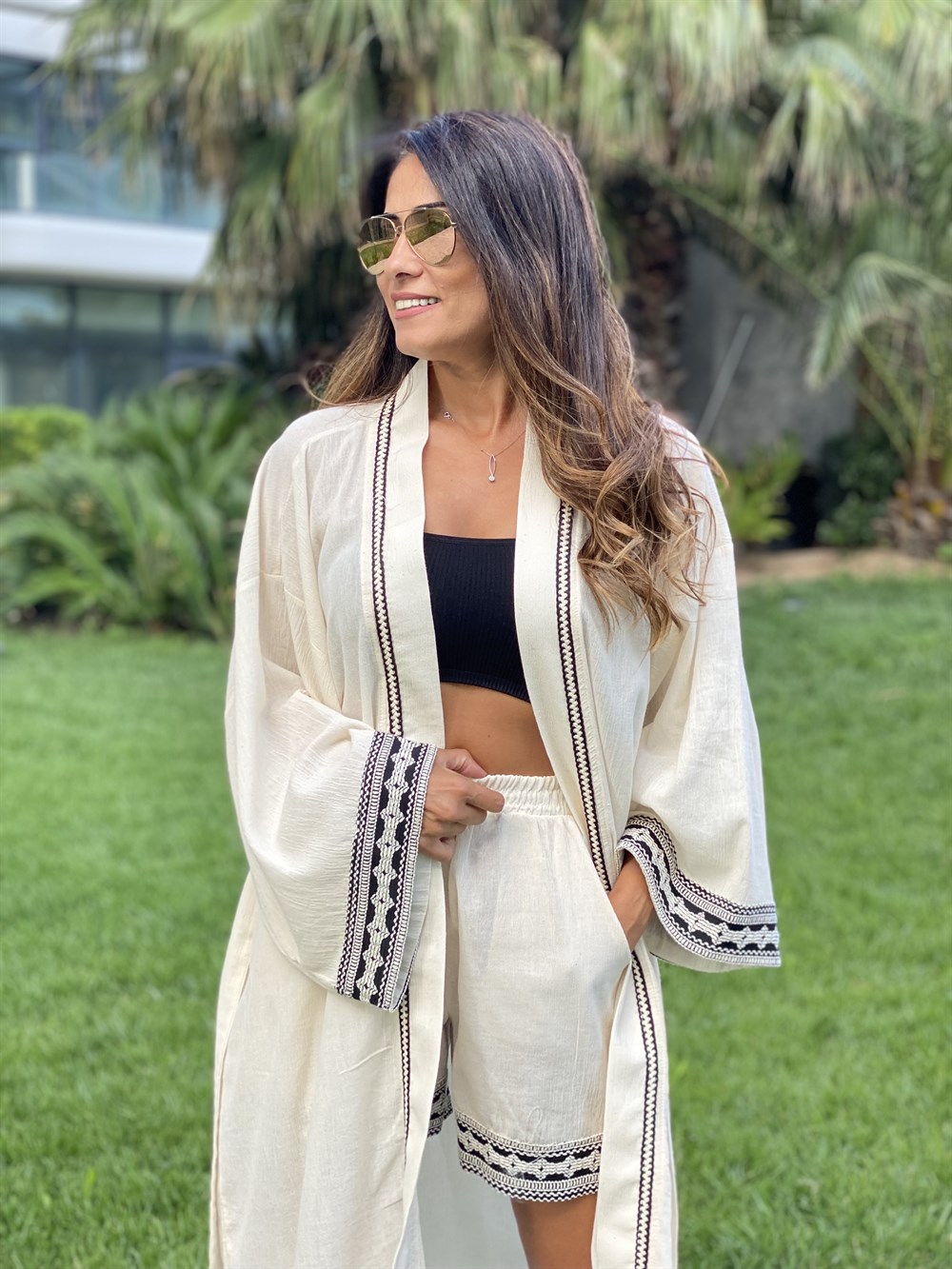 Ekru Nakış Detay  Keten Şortlu Kadın Kimono Takım