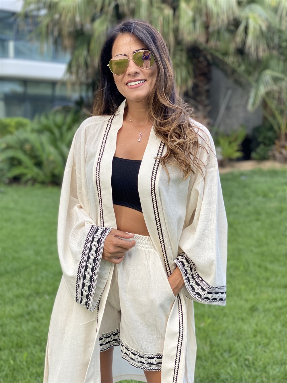 Ekru Nakış Detay  Keten Şortlu Kadın Kimono Takım