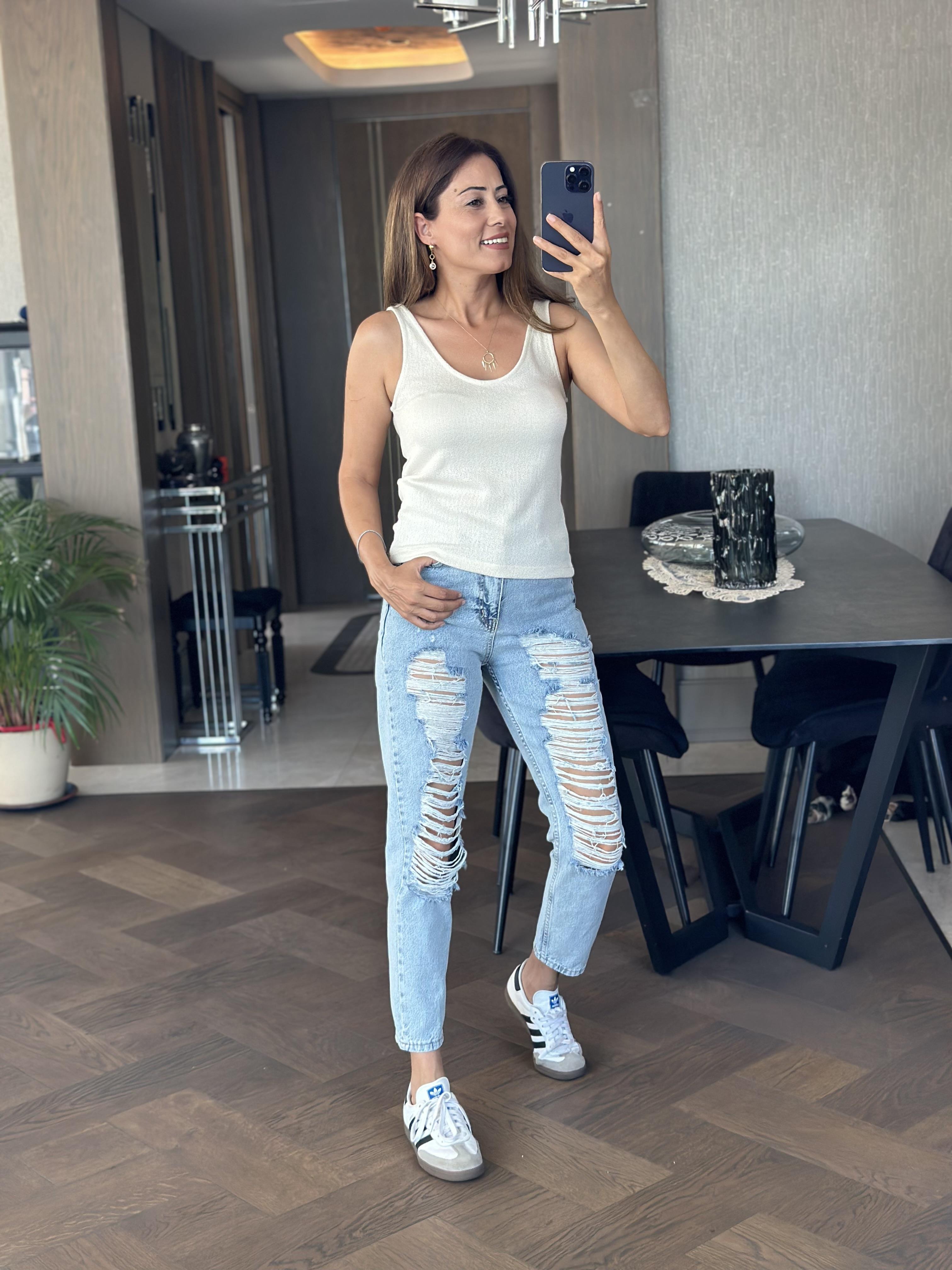Ekru Ön Arka U Yaka Askılı Merserize Kadın Bluz