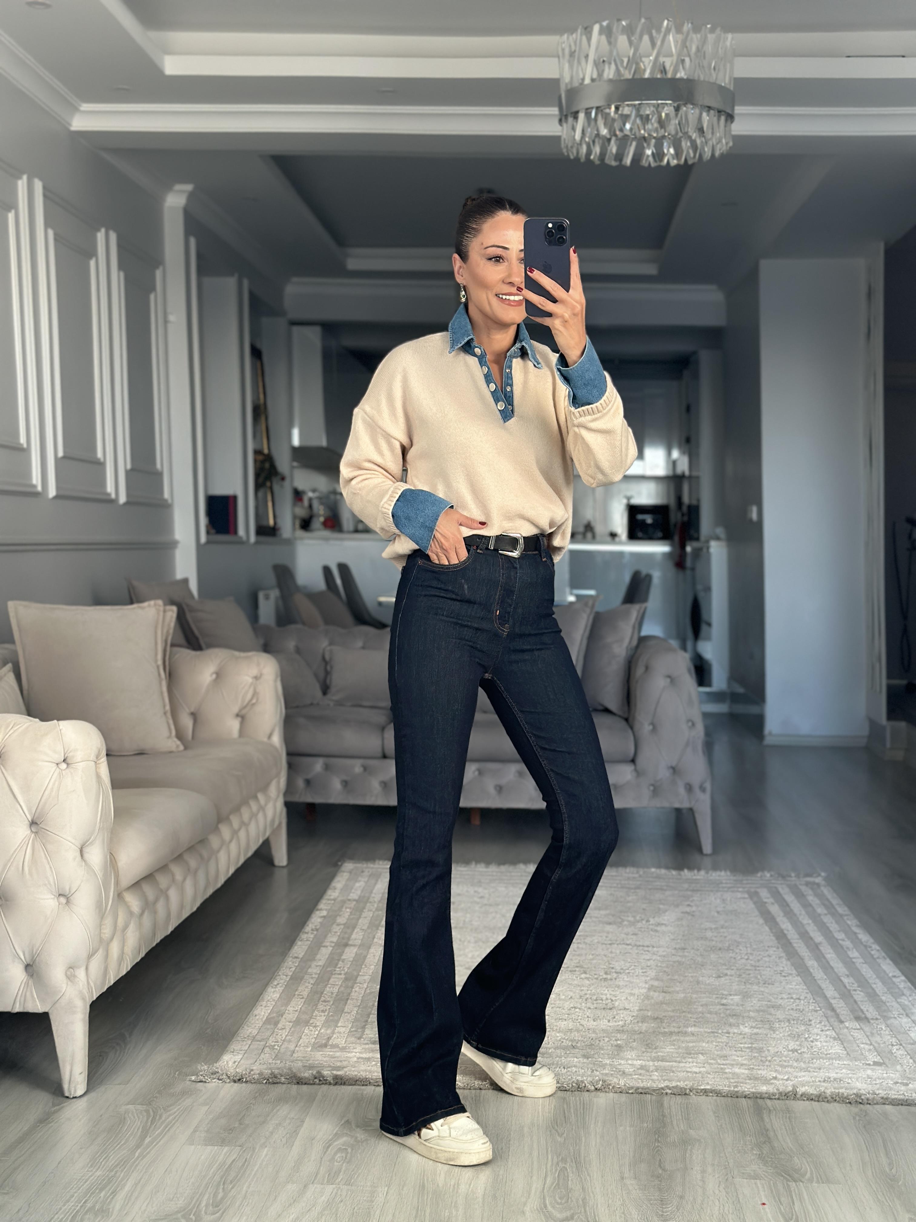 Ekru Polo Yaka Jean Detay Kadın Triko Kazak