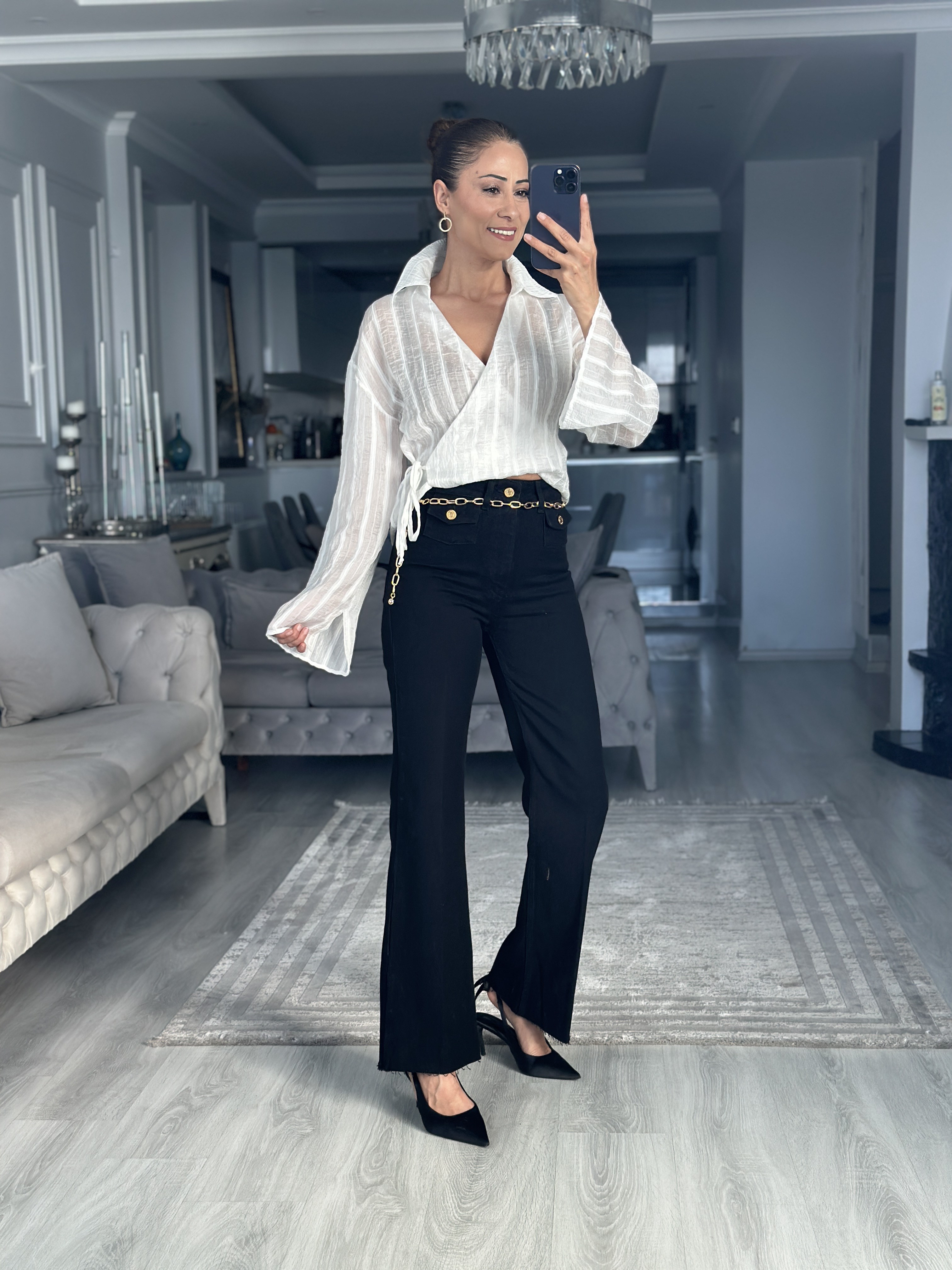 Ekru Sim Çizgili Yandan Bağlamalı Kadın Bluz