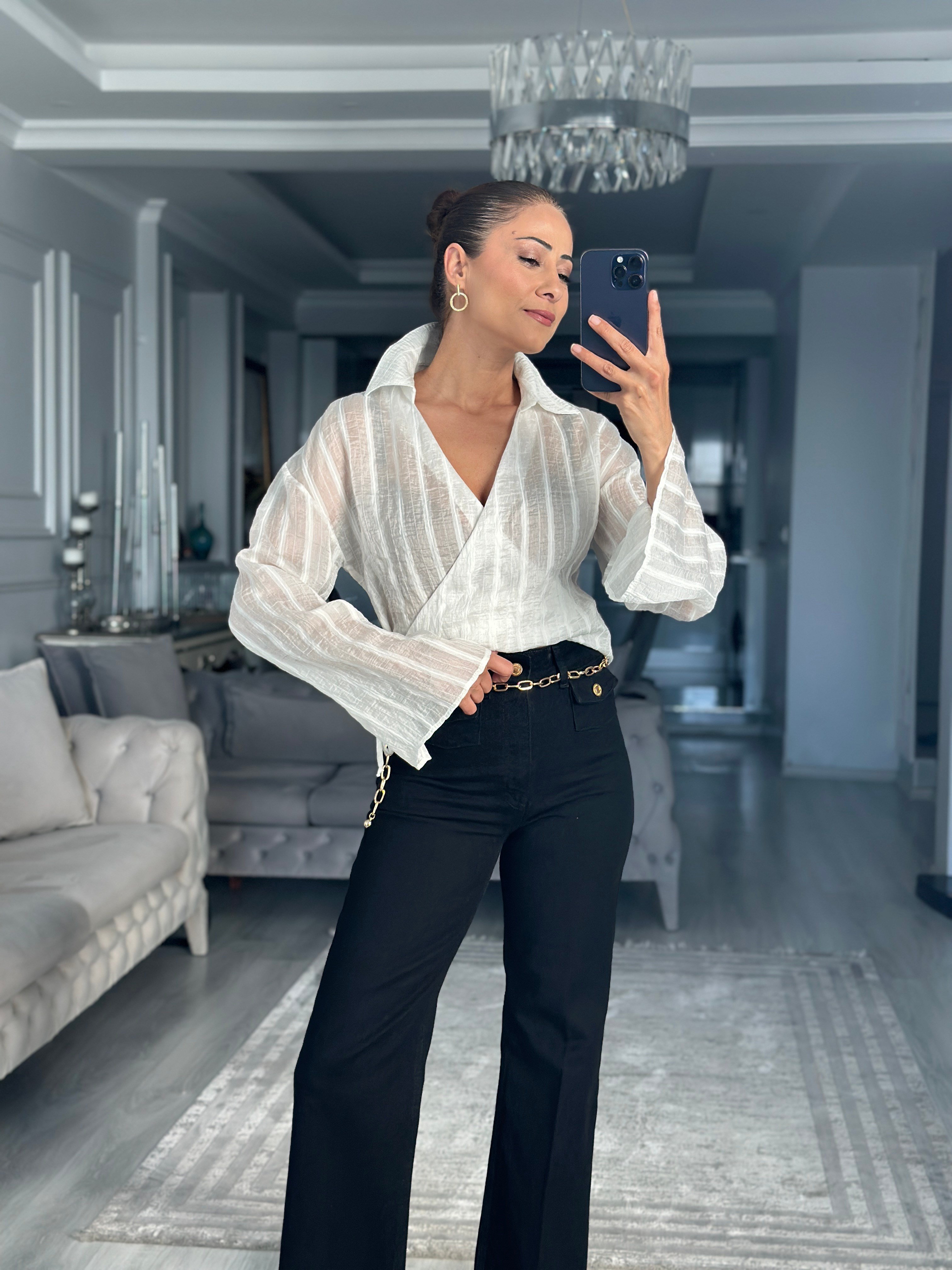 Ekru Sim Çizgili Yandan Bağlamalı Kadın Bluz